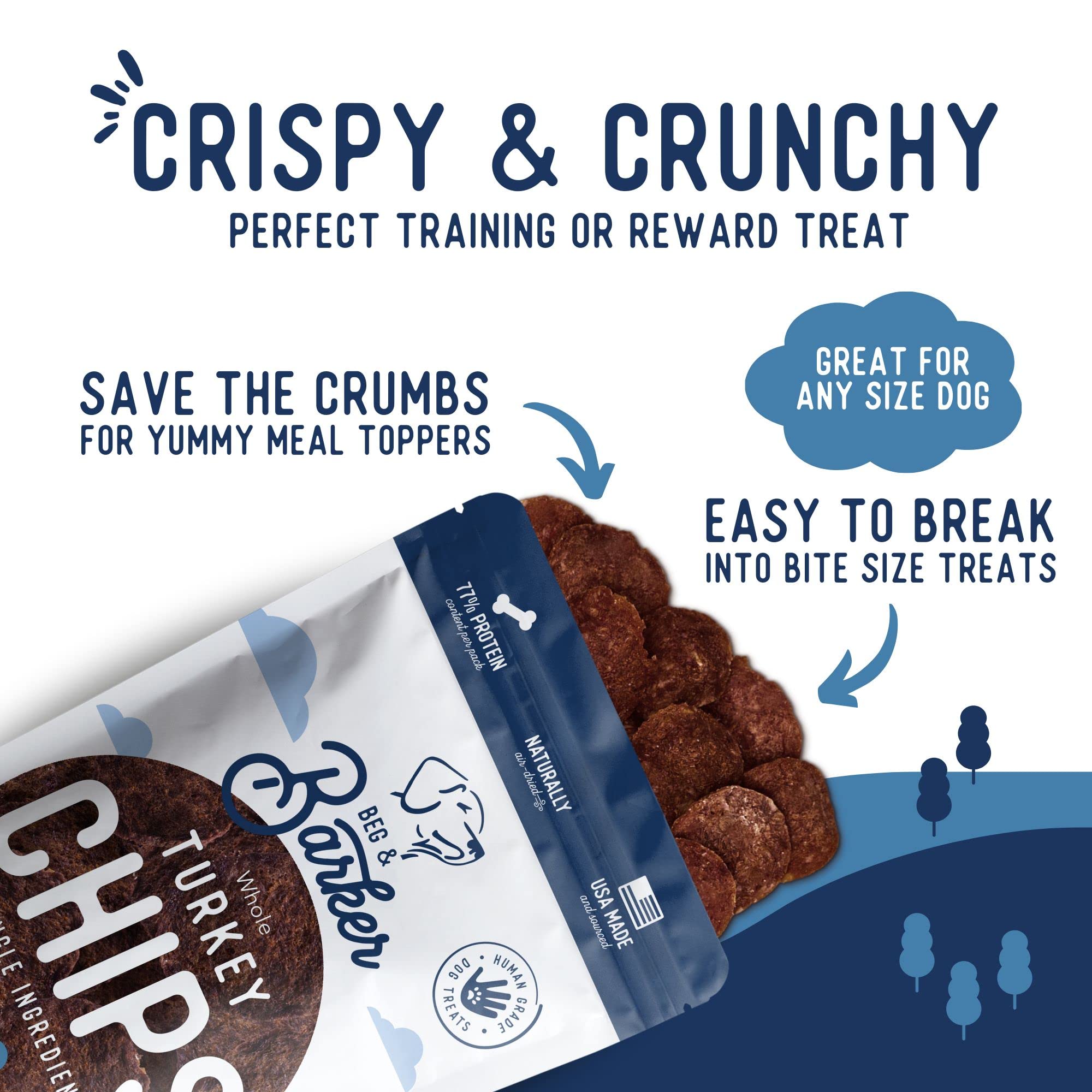 Beg & Barker Turkey Chips for Dogs (8 Ounce, Pack of 1) - Single Ingredient Dog Treats Made for Large & Small Dogs Protein Human
