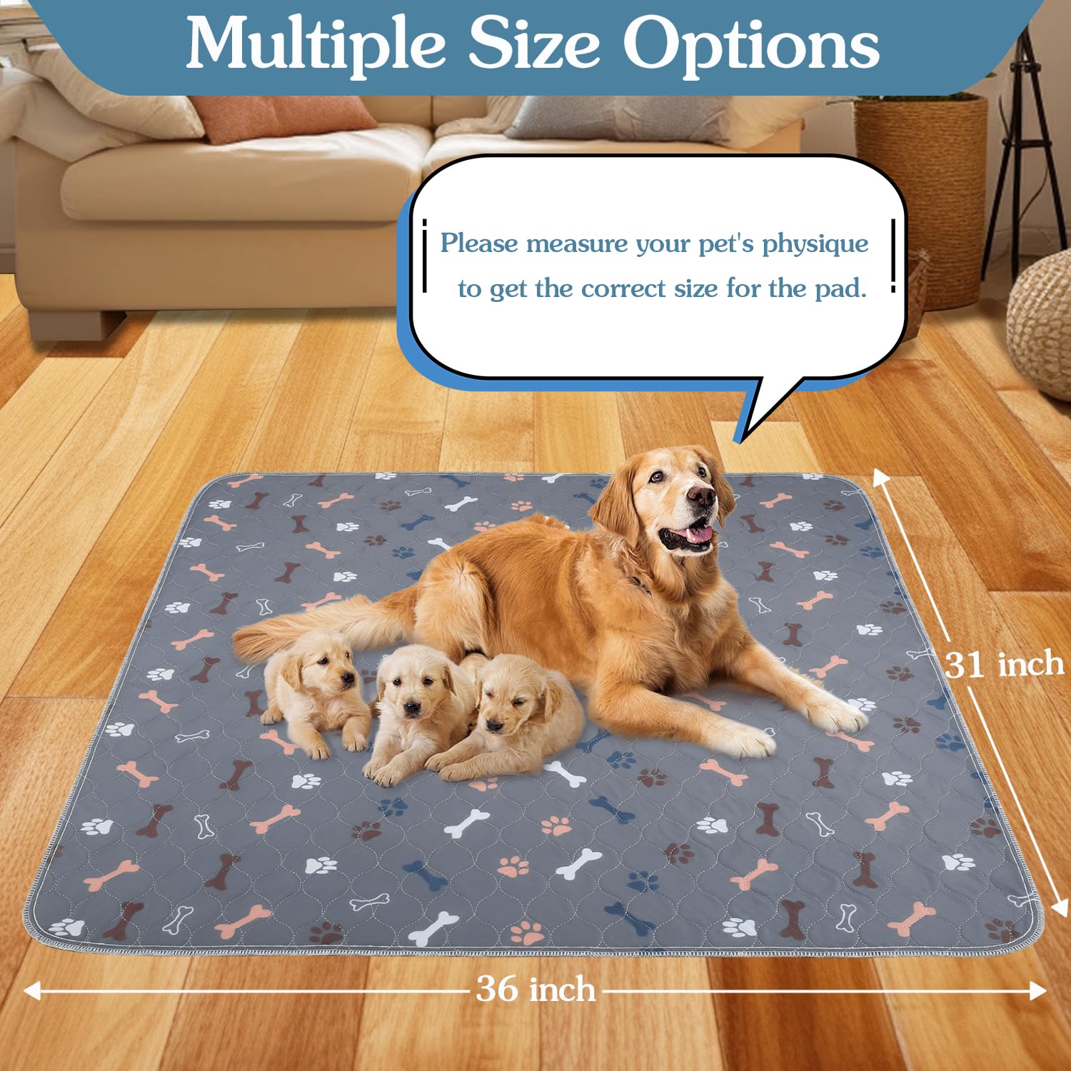 Baodan Washable Pee Pads For Dogs，2Pack 31X36 Reusable Puppy Pads With Bone Print, Absorbent Whelping Pads Non-Slip Dog Playpen Mats For Floor Protector, Couch Cover, Crate, Potty Training