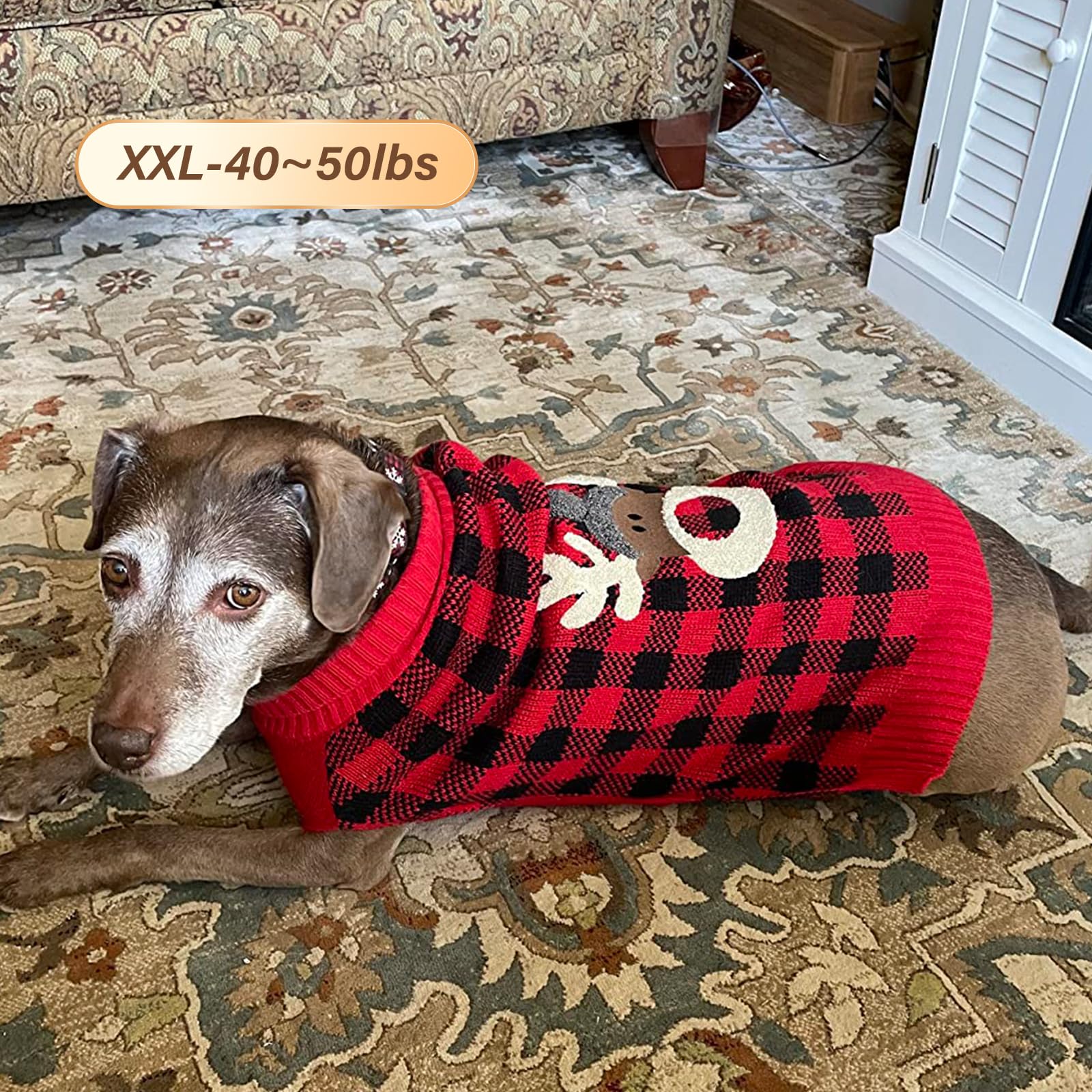 Kyeese Christmas Reindeer Dog Sweater For Medium Dogs With Leash Hole Dog Sweaters Red Buffalo Check Pet Sweater,Xxl