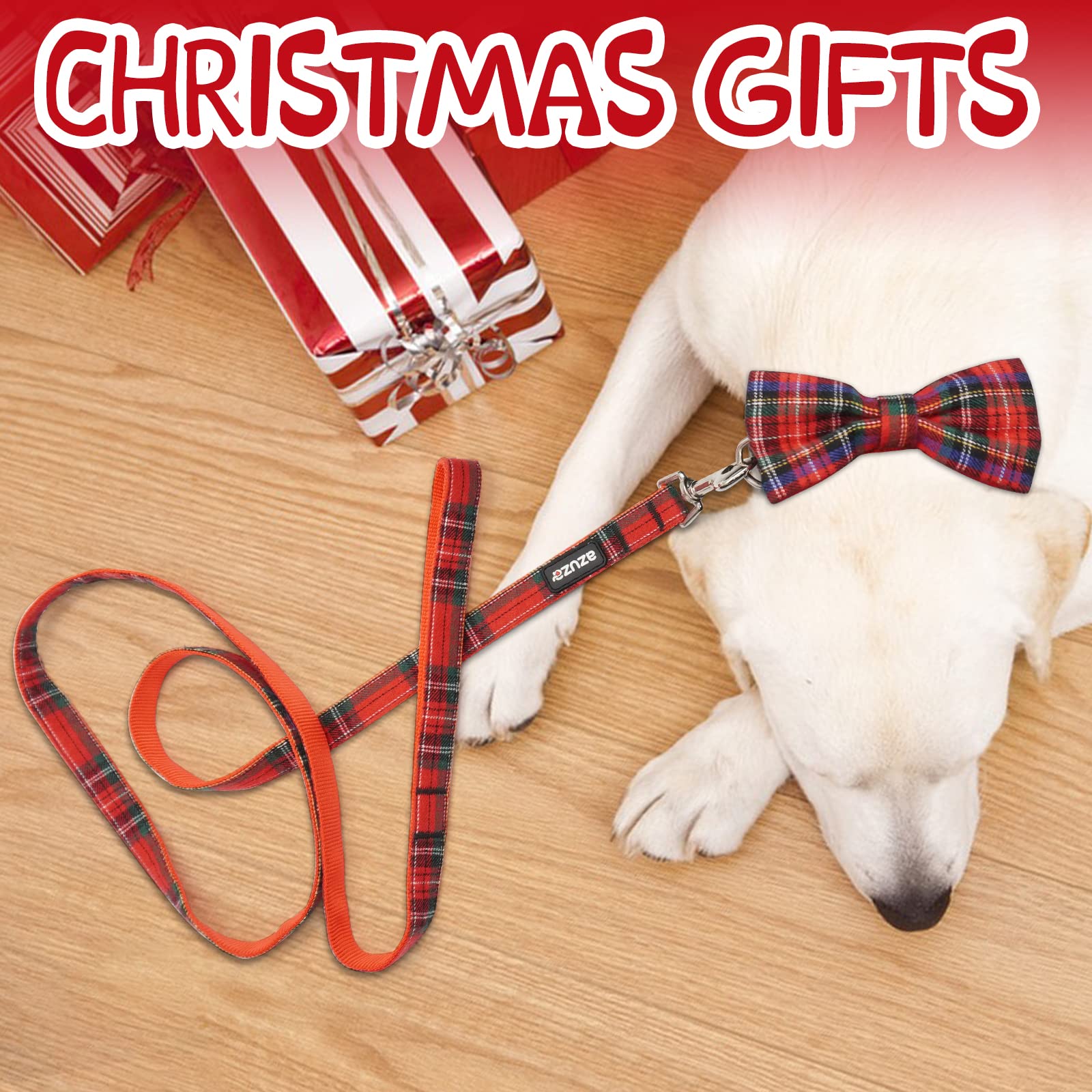Azuza Christmas Buffalo Dog Collar And Leash Set, Classic Plaid Collar With Removable Bowtie And Matching Leash For Medium Dogs