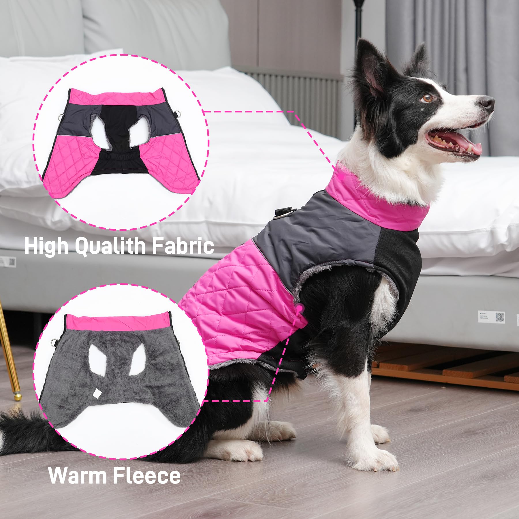 Joydaog Warm Fleece Dog Coats For Medium Dogs,D-Rings Waterproof Puppy Jacket For Cold Winter,Pink Xl