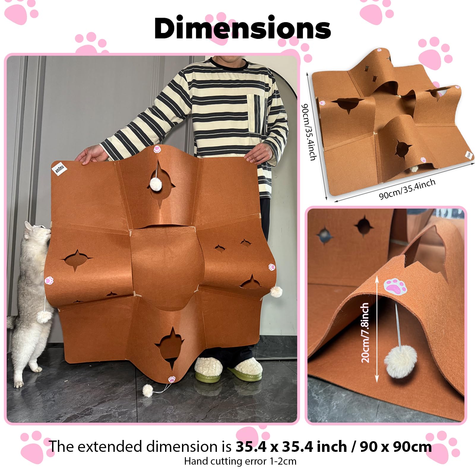 AFLIFLI Interactive Cat Tunnel Mat, 35.4" Felt Cave with Hanging Ball, Brown, Foldable Pet Toy for Indoor Cats, Kittens, and Small Pets