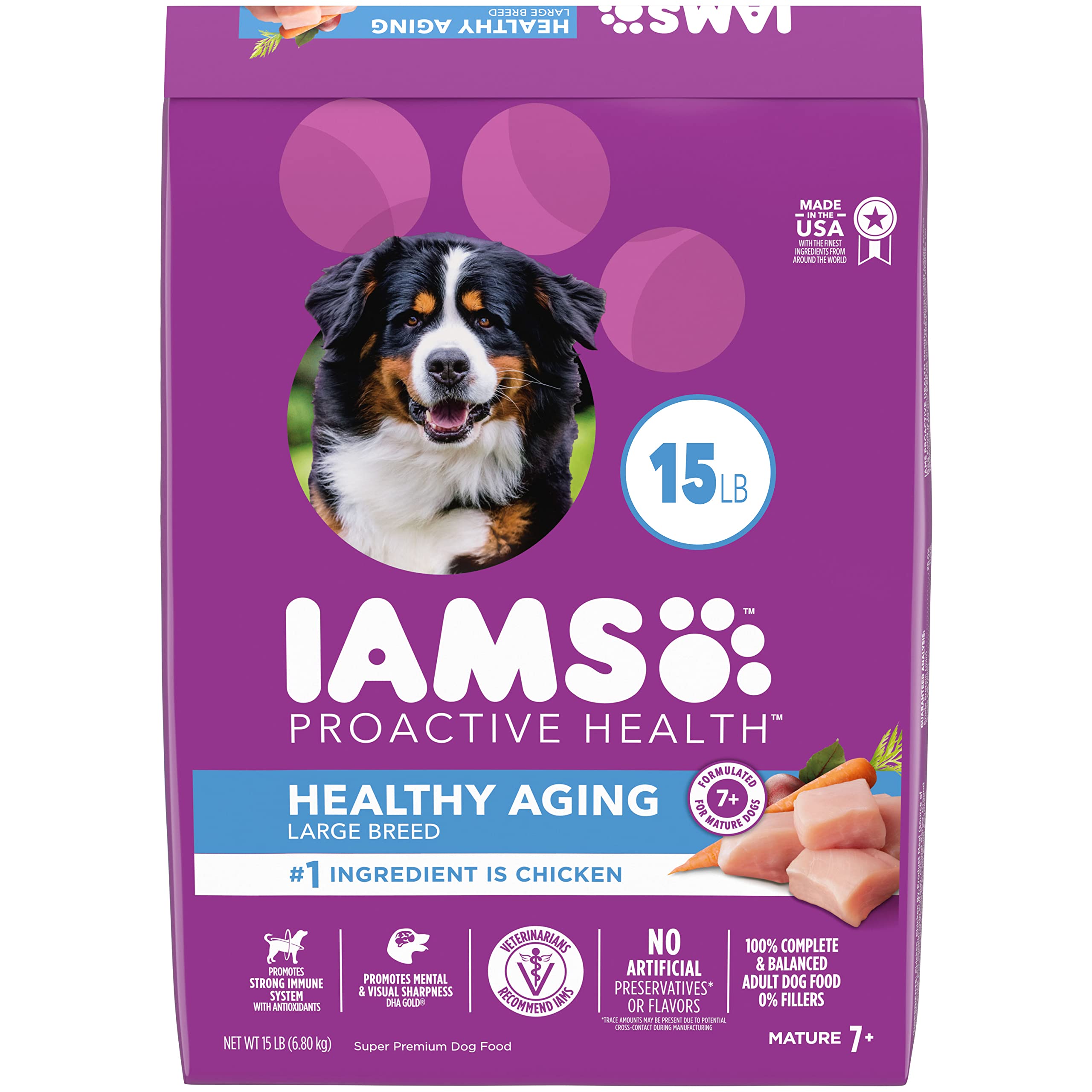 IAMS Proactive Health Healthy Aging Large Breed Dog Food for Mature and Senior Dogs with Real Chicken, 15 lb. Bag