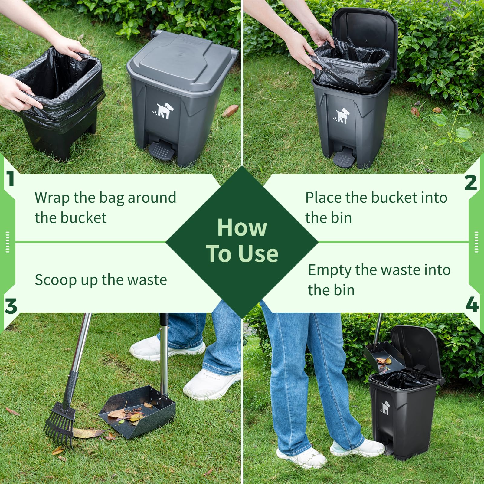 Biubiucat Dog Pooper Scooper Set - 20L Trash Bin, Long Handle Rake, 150 Bags, Black Plastic for Small/Large Dog Families