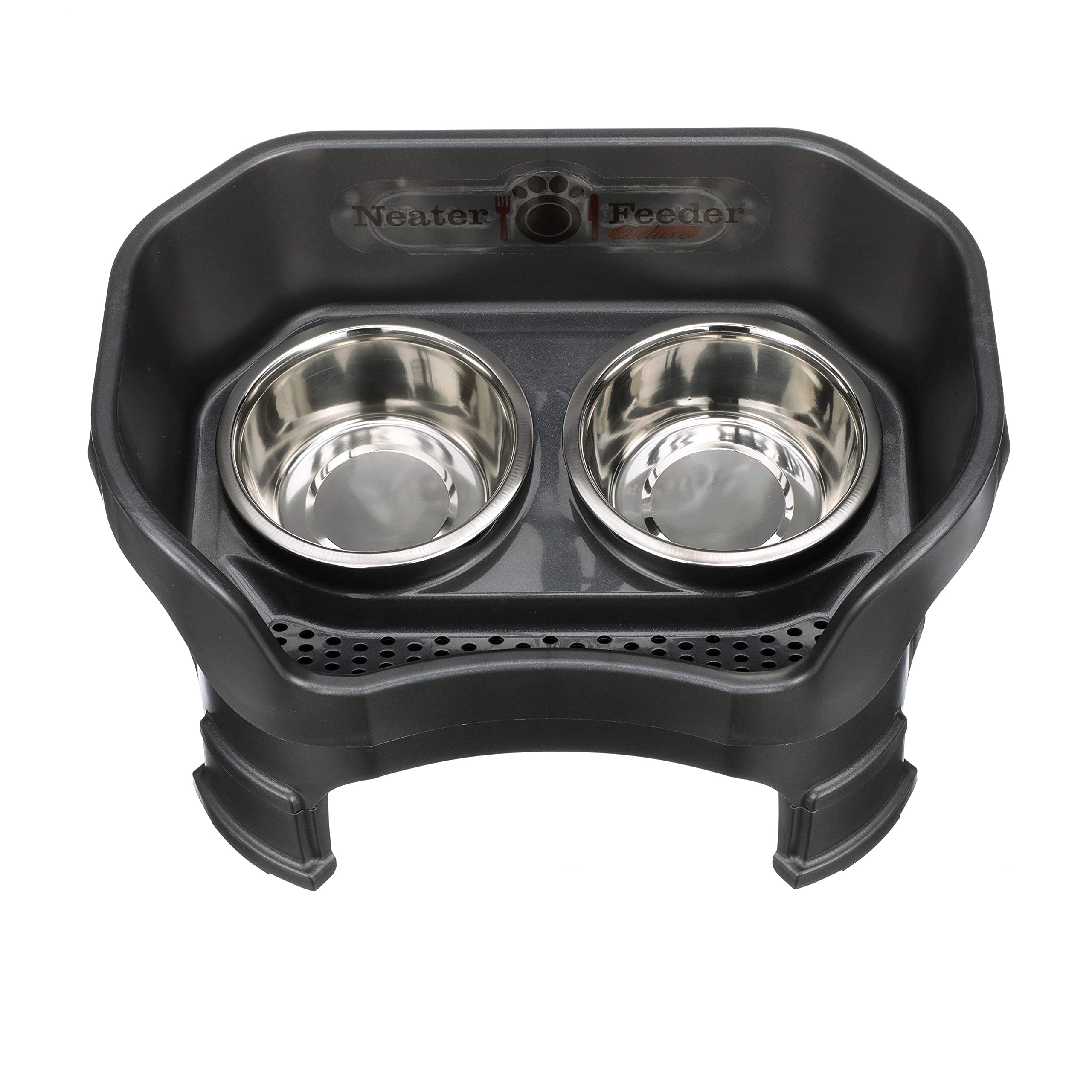 Neater Feeder - Deluxe Model Adjustable Height - Mess-Proof Dog Bowls (Medium, Midnight Black) - Made in USA - Elevated, No Spil