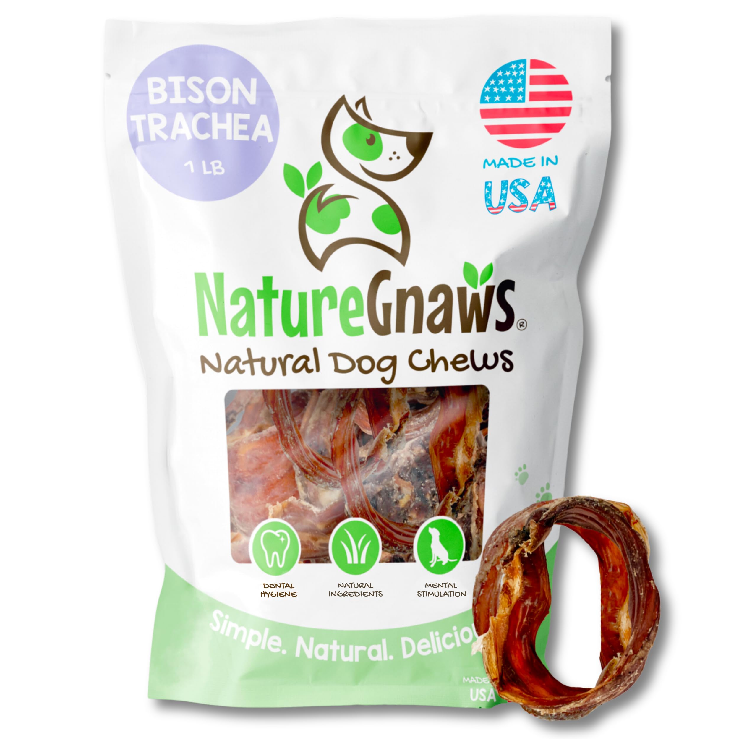 Nature Gnaws USA Smoked Bison Trachea Rings for Dogs (1Lb) - Delicious Grain Free Long Lasting Chew - Premium Natural Dog Chew B