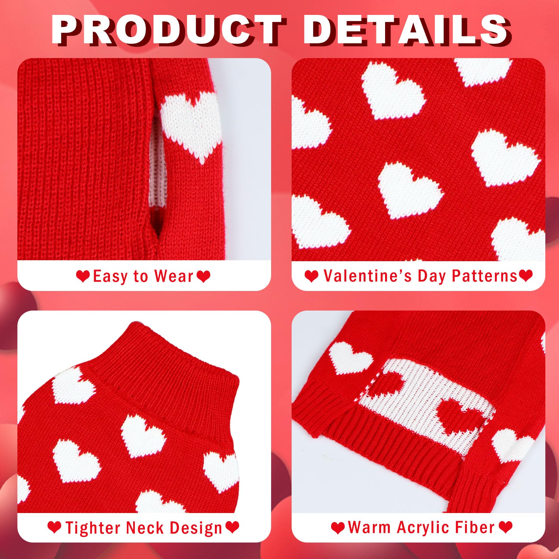 Goyoswa Valentine Dog Sweater Dog Valentines Clothes Outfit Knitted Heart Sweater For Small Medium Large Dogs Pets (Red, X-Large
