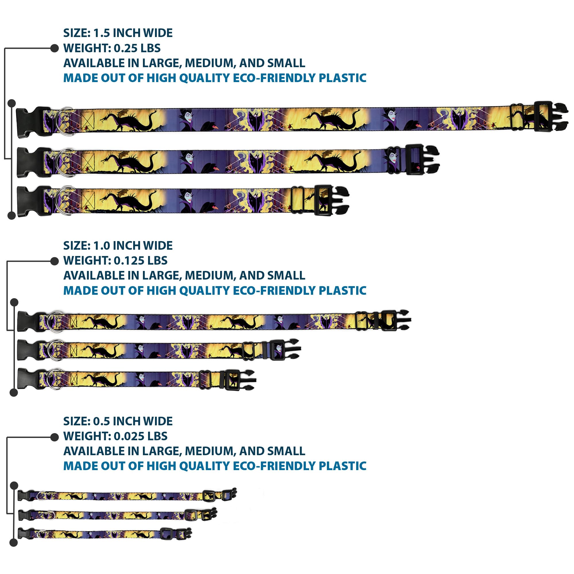 Buckle-Down Plastic Clip Collar - Maleficent Poses - 1' Wide - Fits 9-15' Neck - Small