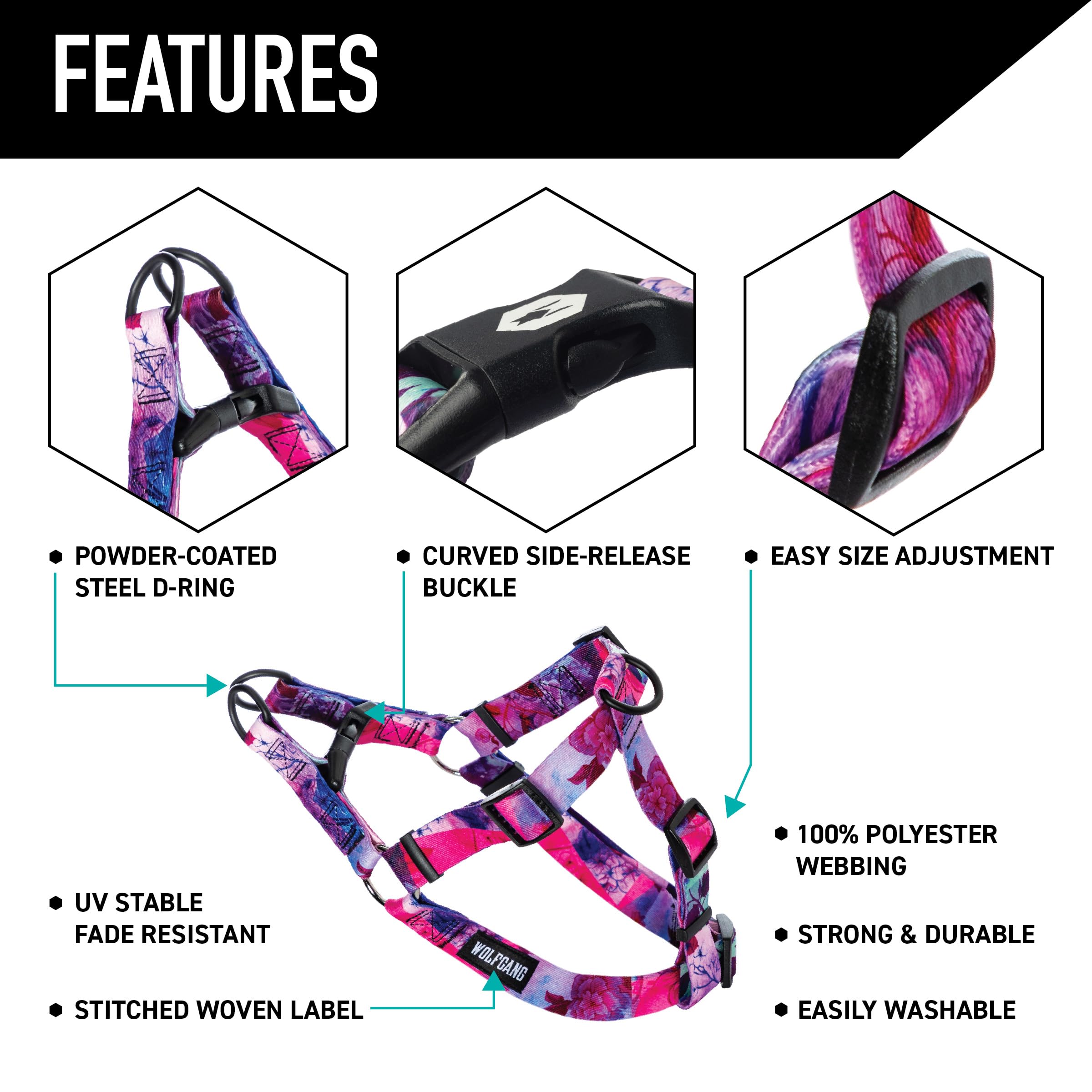 Wolfgang Heavy Duty Adjustable Dog Harness, Pull-Tested to Over 800 lbs for Walking & Training, Daydream Print, Large