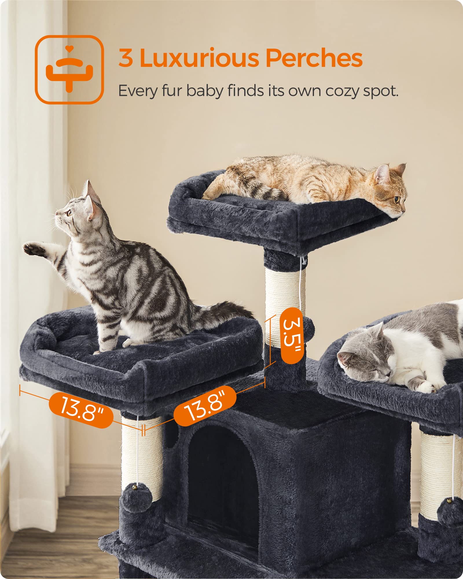Feandrea 67-Inch Multi-Level Cat Tree for Large Cats, Smoky Gray, XL, Model UPCT18G, Durable Particleboard & Plush Fabric