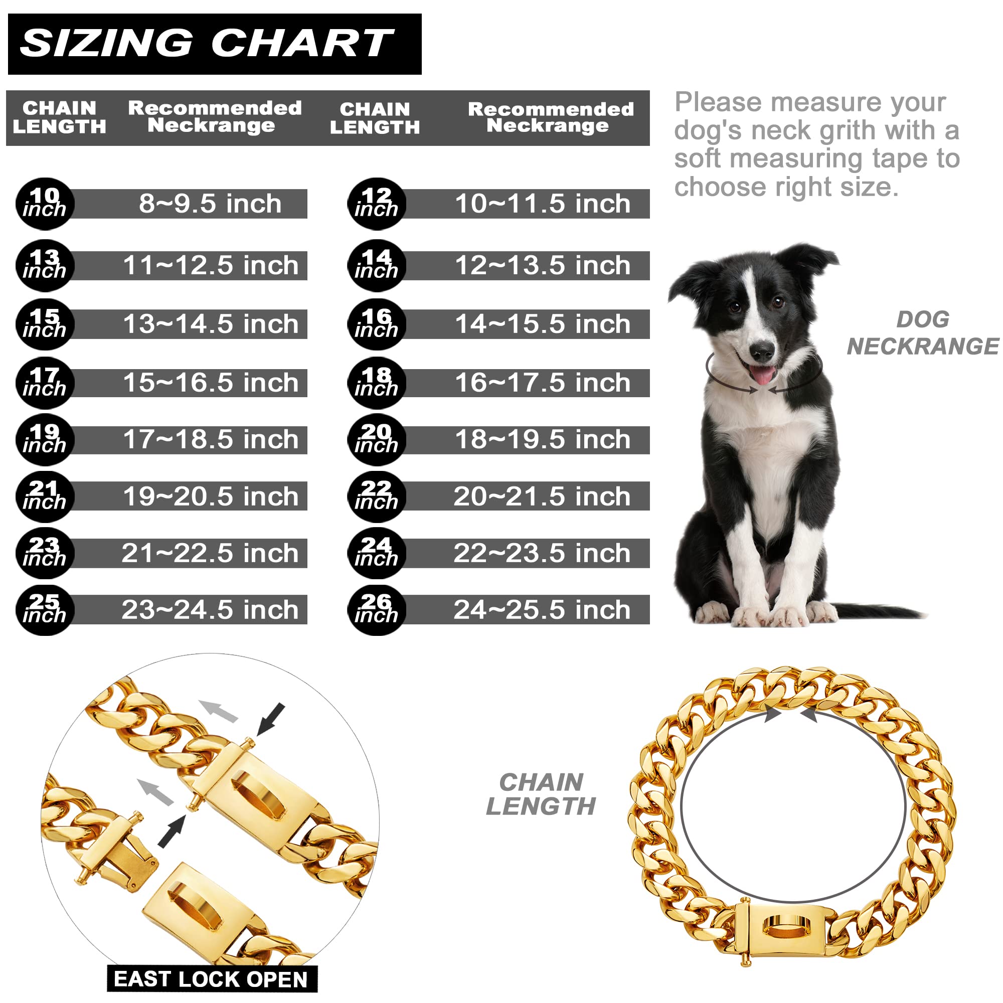 Gold Dog Chain Collar Walking Metal Chain Collar with Design Secure Buckle,18K Cuban Link Strong Heavy Duty Chew Proof for Large