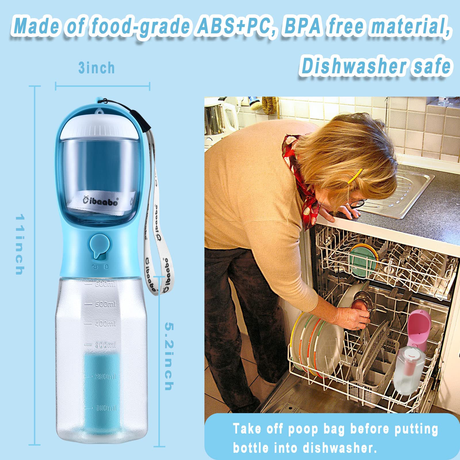 Cibaabo Dog Water Bottle with Food Container & Poop Bag Holder, Travel Water Bowl, Portable Pet Dispenser, Dog Stuff Accessories