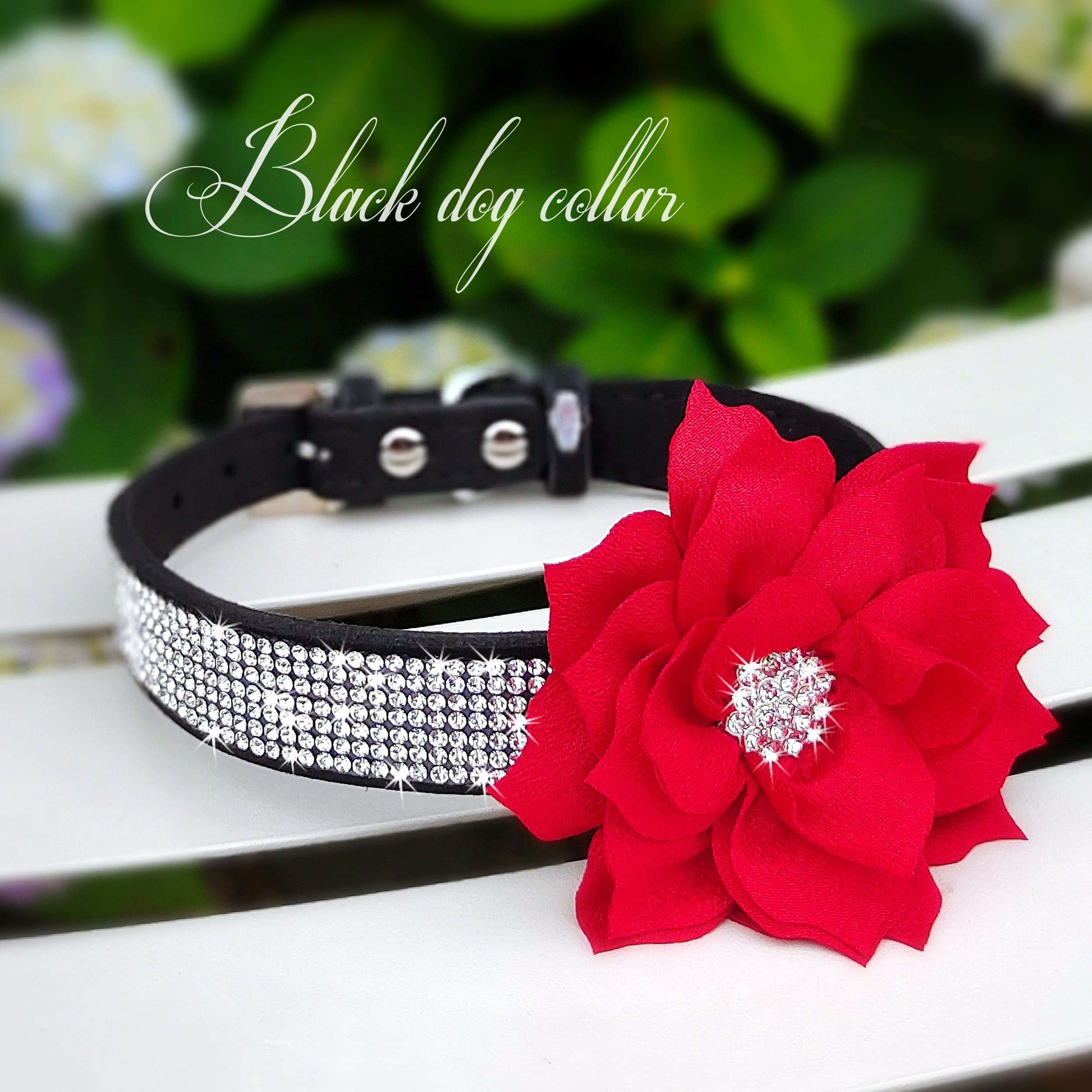 Pet Artist Cute Girl Rhinestone Suede Dog Collars For Small Dogs Cats,Soft Flower Dog Collar,Bling Dog Collars For Small Puppy Dogs Black Collar, M:Neck 12-14.5'(31-37Cm)