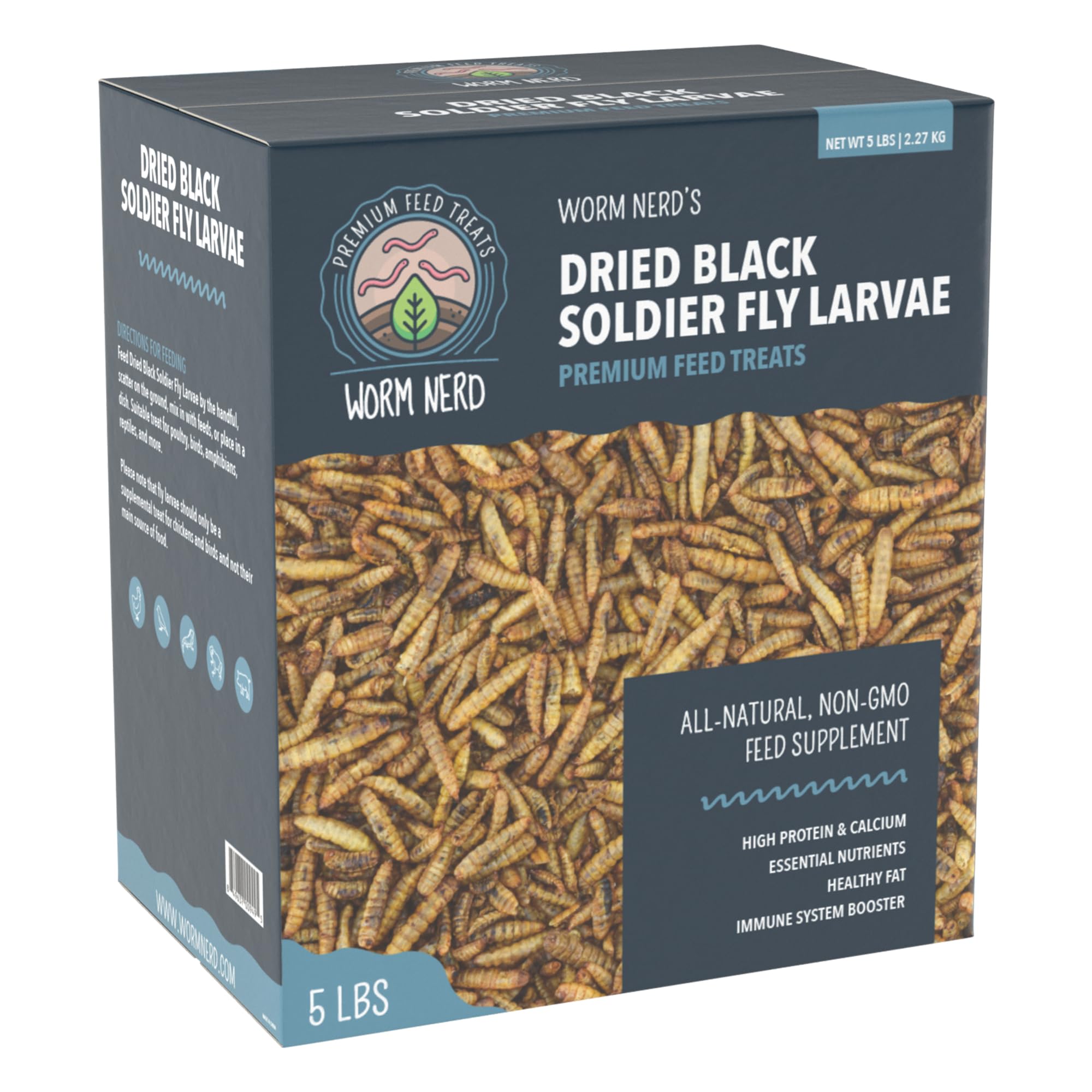 Worm Nerd WN63 5LB Dried Black Soldier Fly Larvae Non-GMO High Protein and Calcium Treat for Chickens, Birds, Reptiles, Amphibia