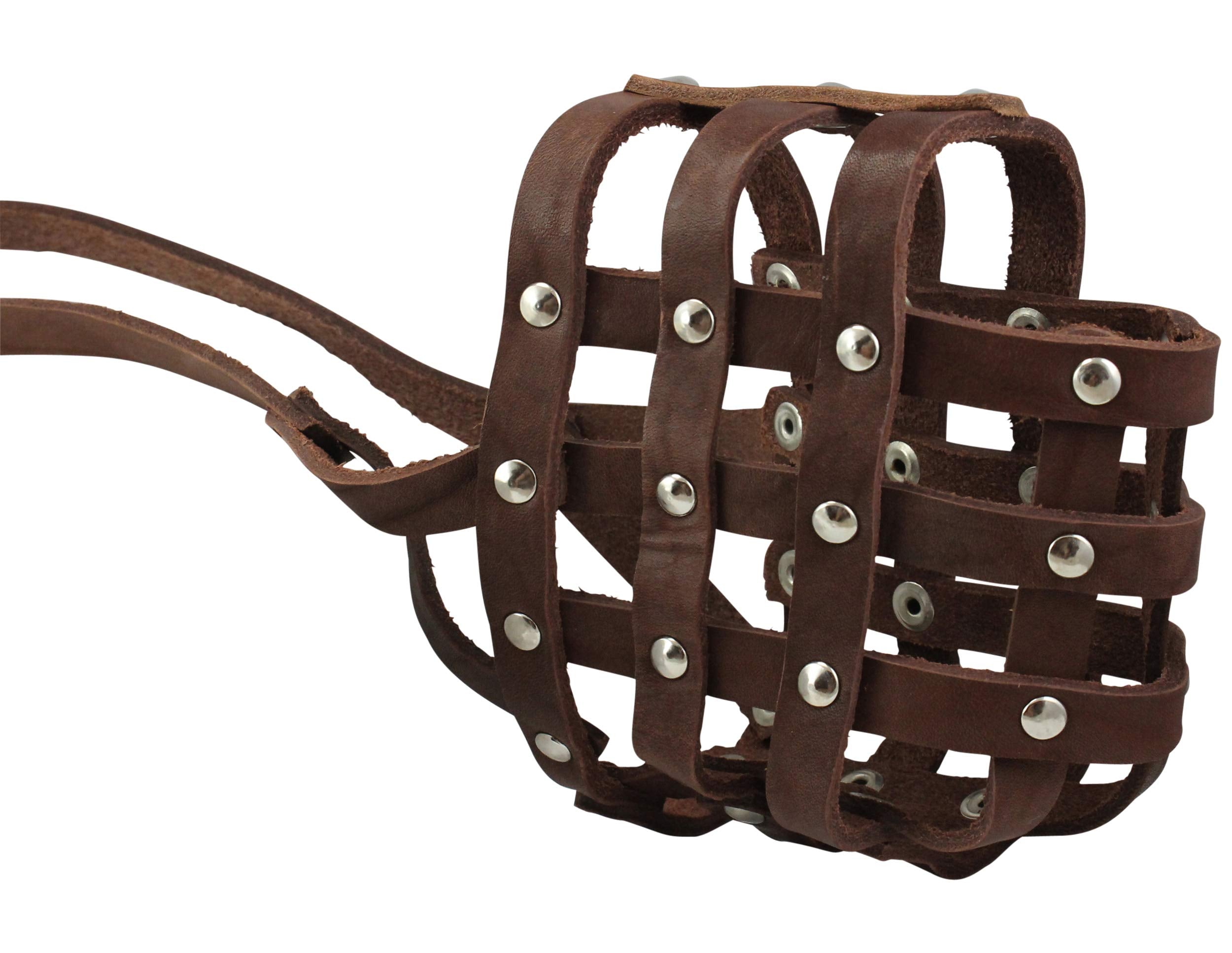 Soft Genuine Leather Dog Basket Muzzle #109 Brown - Boxer, Bulldog (Circumference 13', Snout Length 3.5')