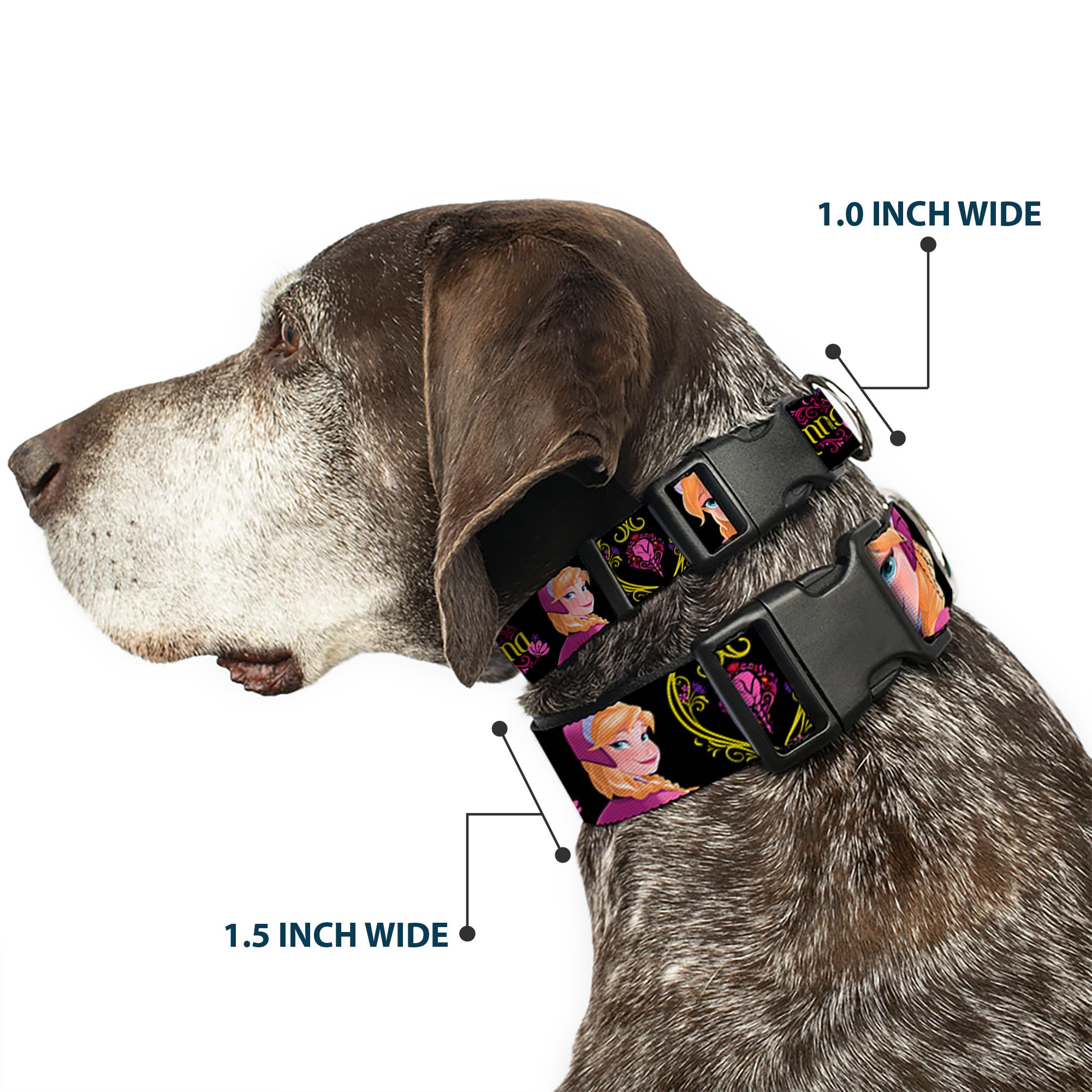 Buckle-Down Plastic Clip Collar - Anna Poses/Anna Monogram Heart Cameo Pinks/Yellow - 1.5 Wide - Fits 13-18 Neck - Small