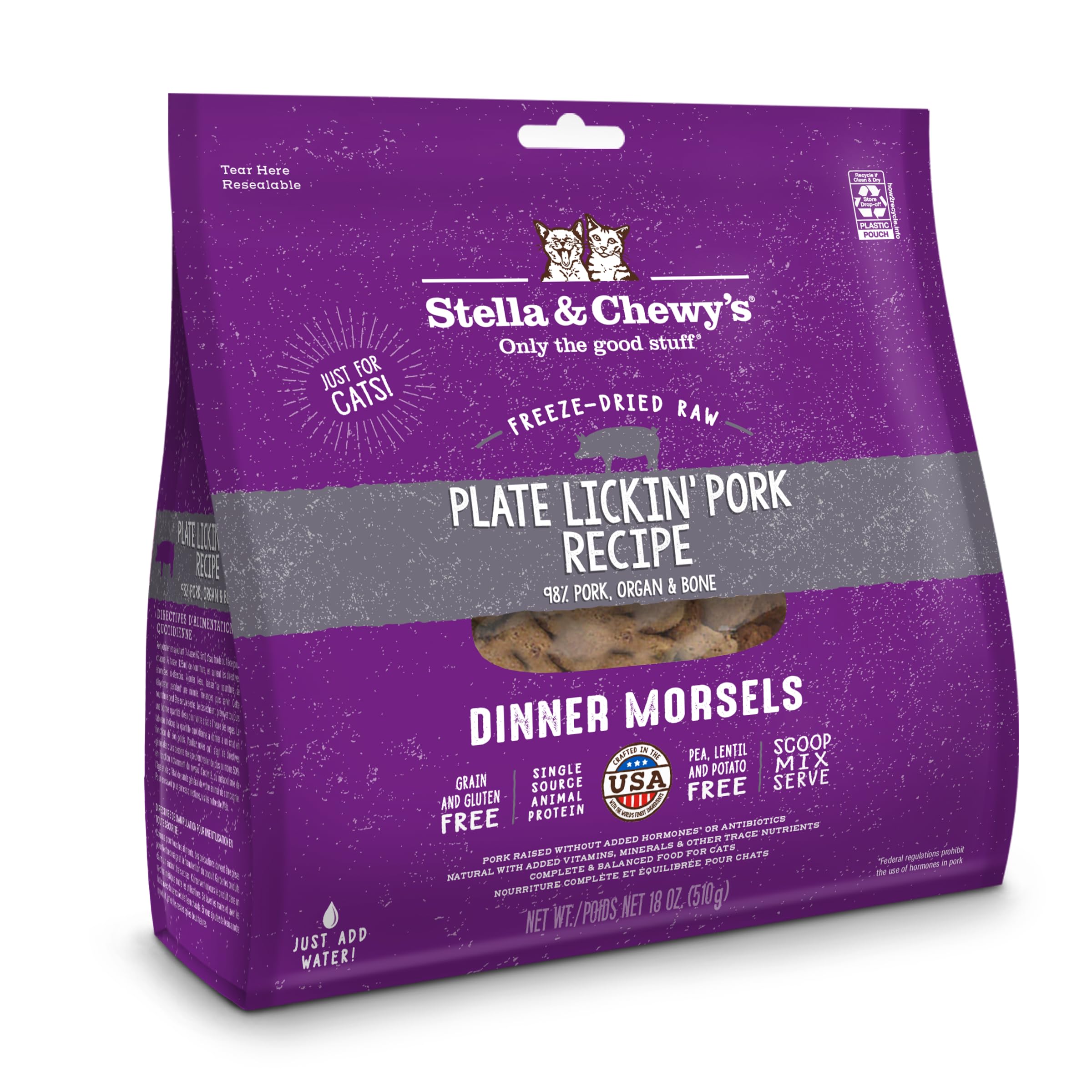 Stella & Chewys Freeze-Dried Raw Cat Dinner Morsels - Grain Free, Protein Rich Cat & Kitten Food - Plate Lickin Pork Recipe - 