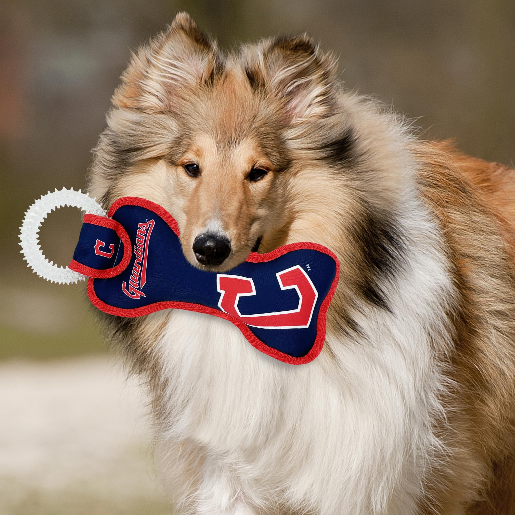 Mlb Cleveland Guardians Bone Shaped Dental Dog Tug Toy With Squeaker. Tough Pet Toy For Healthy Fun, Teething, And Cleaning Pet'