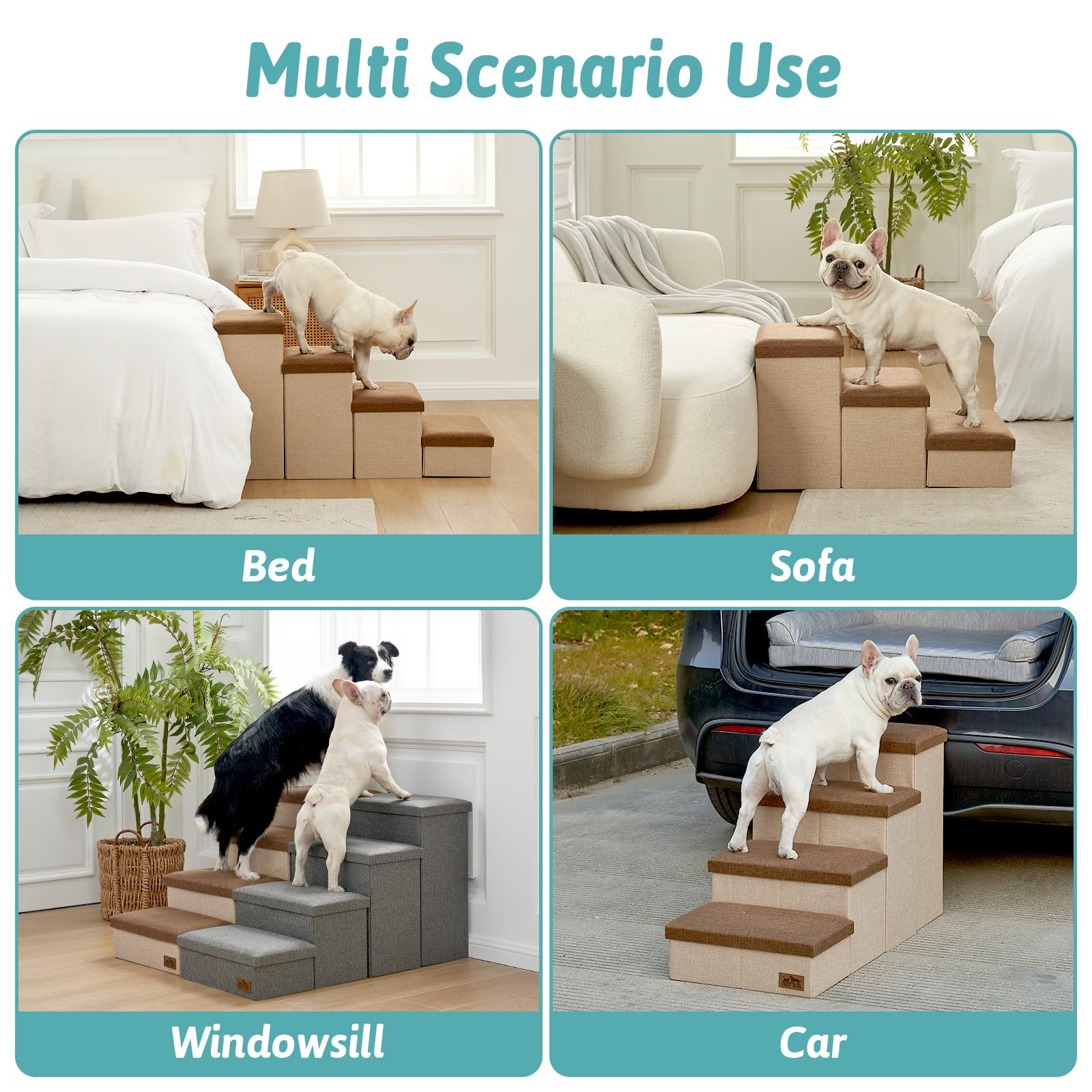 Dog Stairs with Storage, 4-Step Wider Sturdy Dog Steps for Small/Medium/Large Dogs and Older Cats, Folding Doggie Ramp for Bed/C