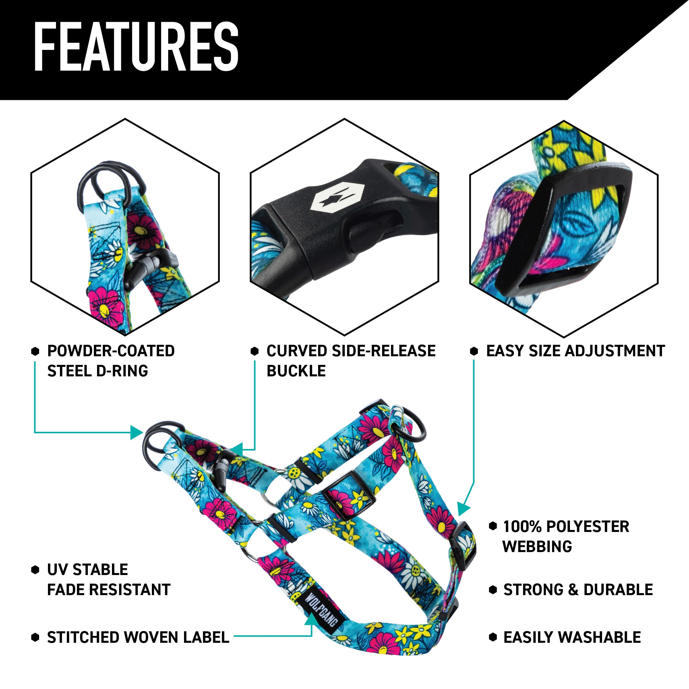 Wolfgang Heavy Duty Adjustable Dog Harness, Pull-Tested for Walking & Training, LazyDaisy Print, Medium