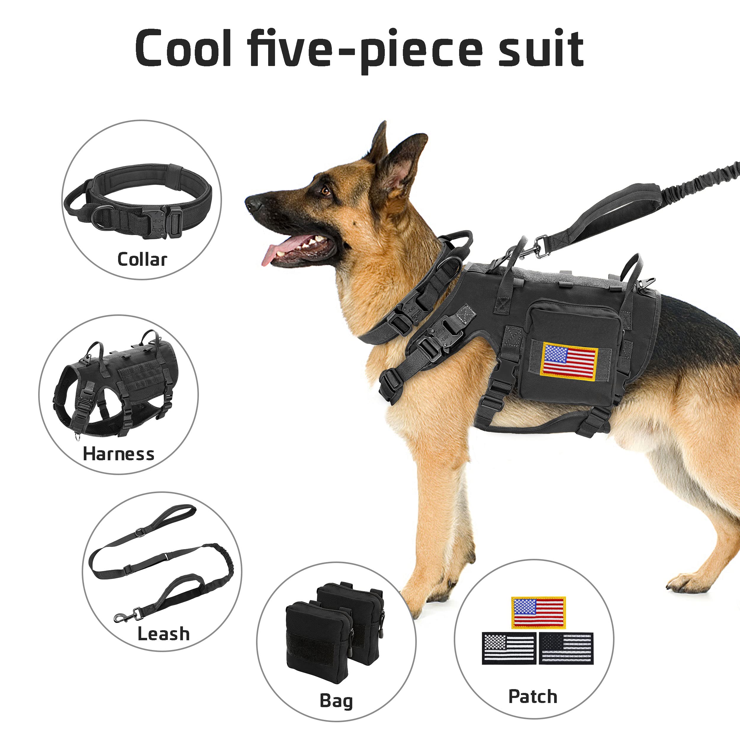 Forestpaw Tactical Dog Vest Harness & Collar Set, Black, L, Nylon, No Pull Military Design for Medium Large Dogs