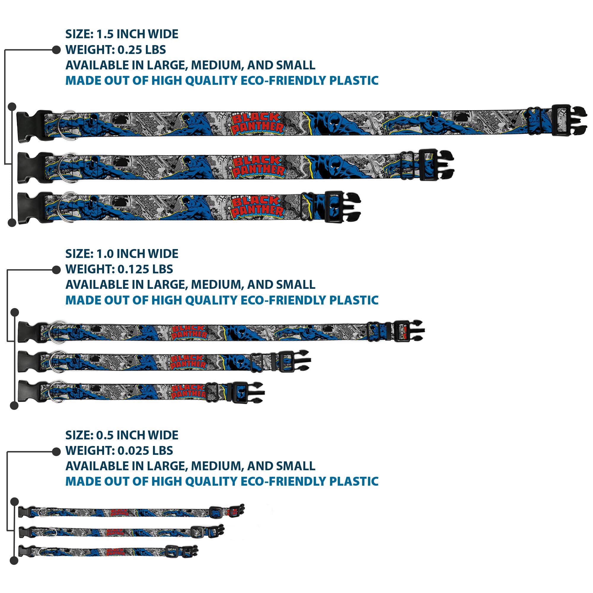 Buckle-Down 'Black Panther Action Poses/Stacked Comics Grays/Yellow/Blue/Red' Plastic Clip Collar, 1' X 9-15'/Small
