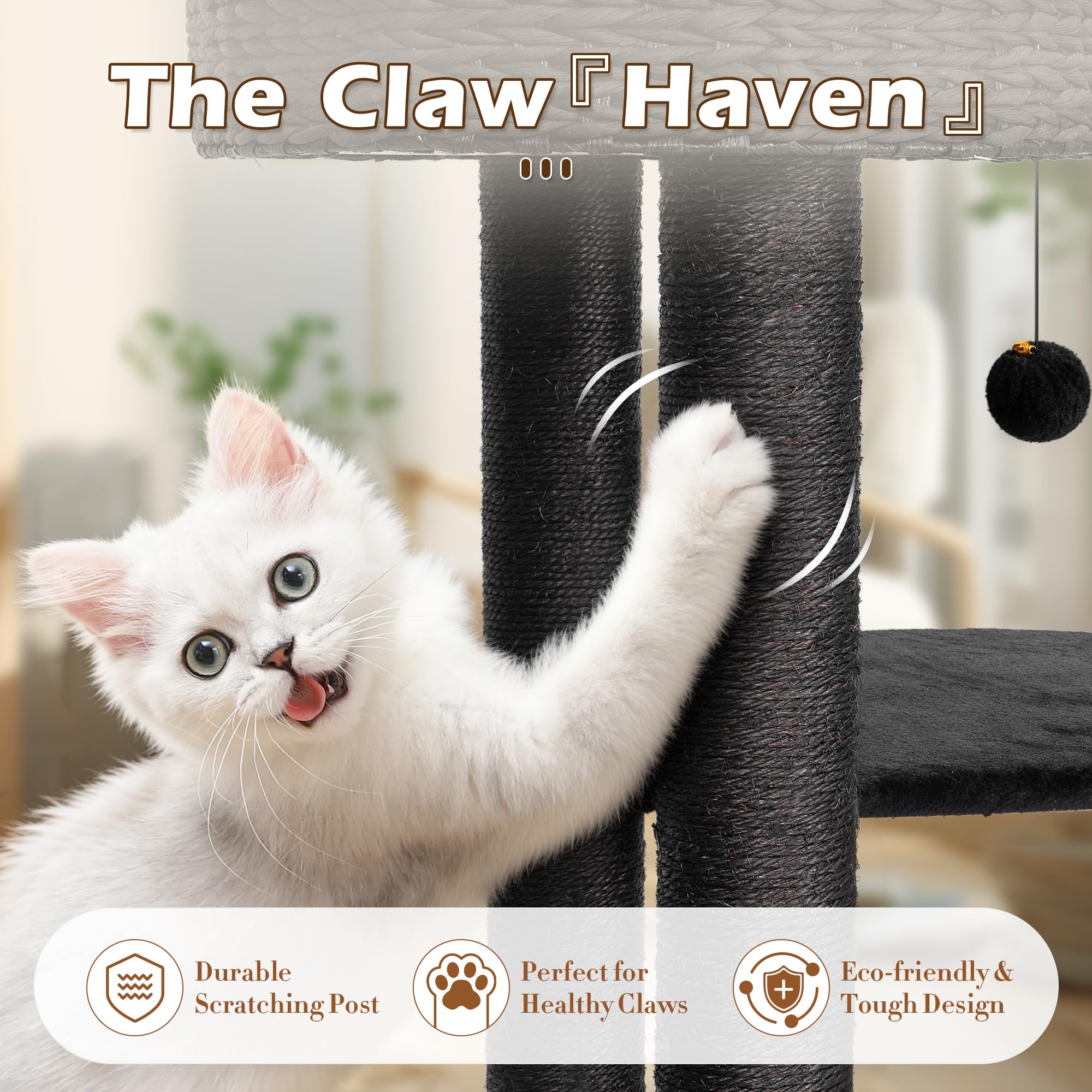 Kamaboko Modern Cat Tree, 38'' Tall Cat Trees For Indoor Cats W/Natural Sisal Scratching Posts, Hand-Woven Condo & Top Perch, Ca