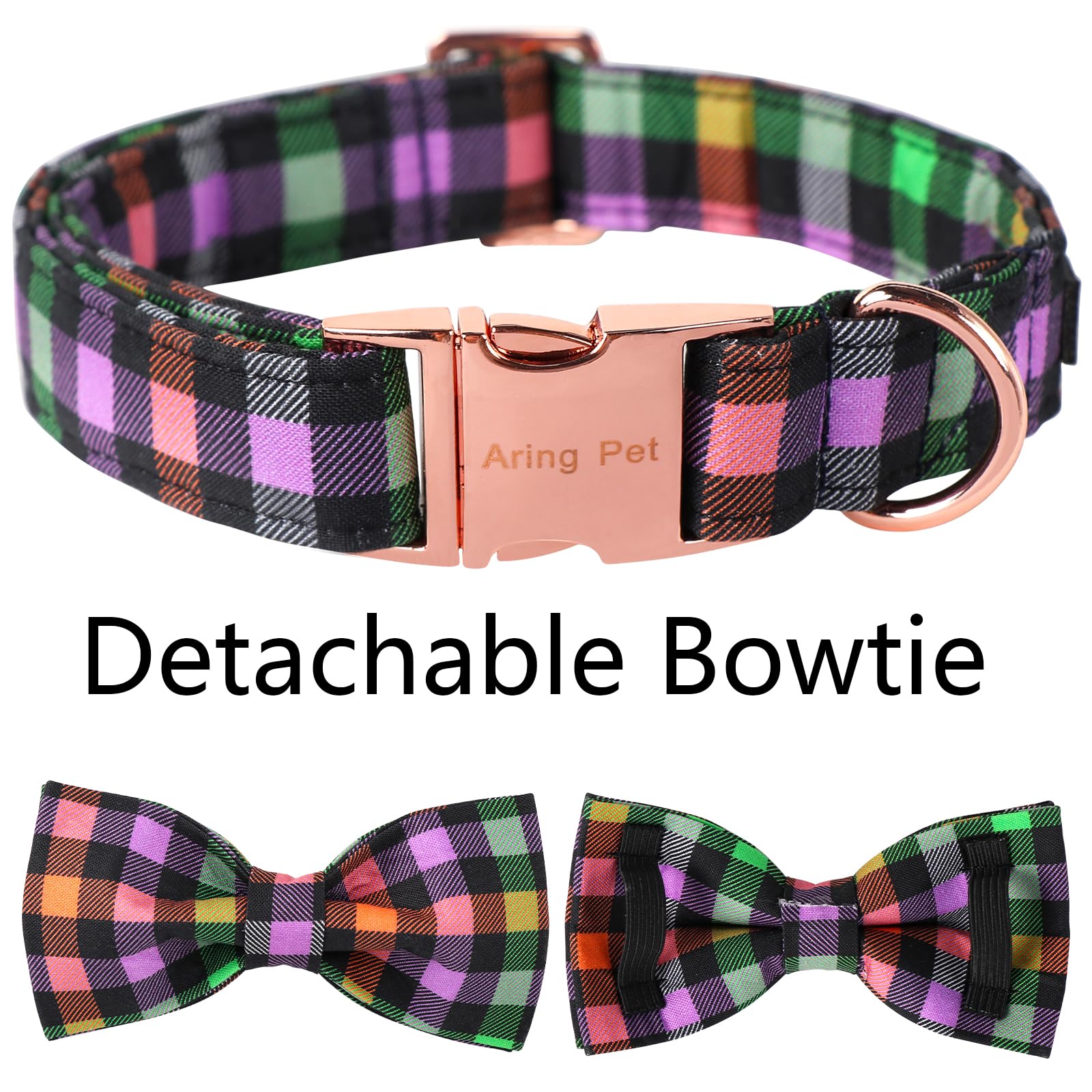 Aring Pet Halloween Dog Collar, Cute Cotton Fall Dog Collar With Bow, Adjustable Halloween Plaid Pet Collars With Metal Buckle
