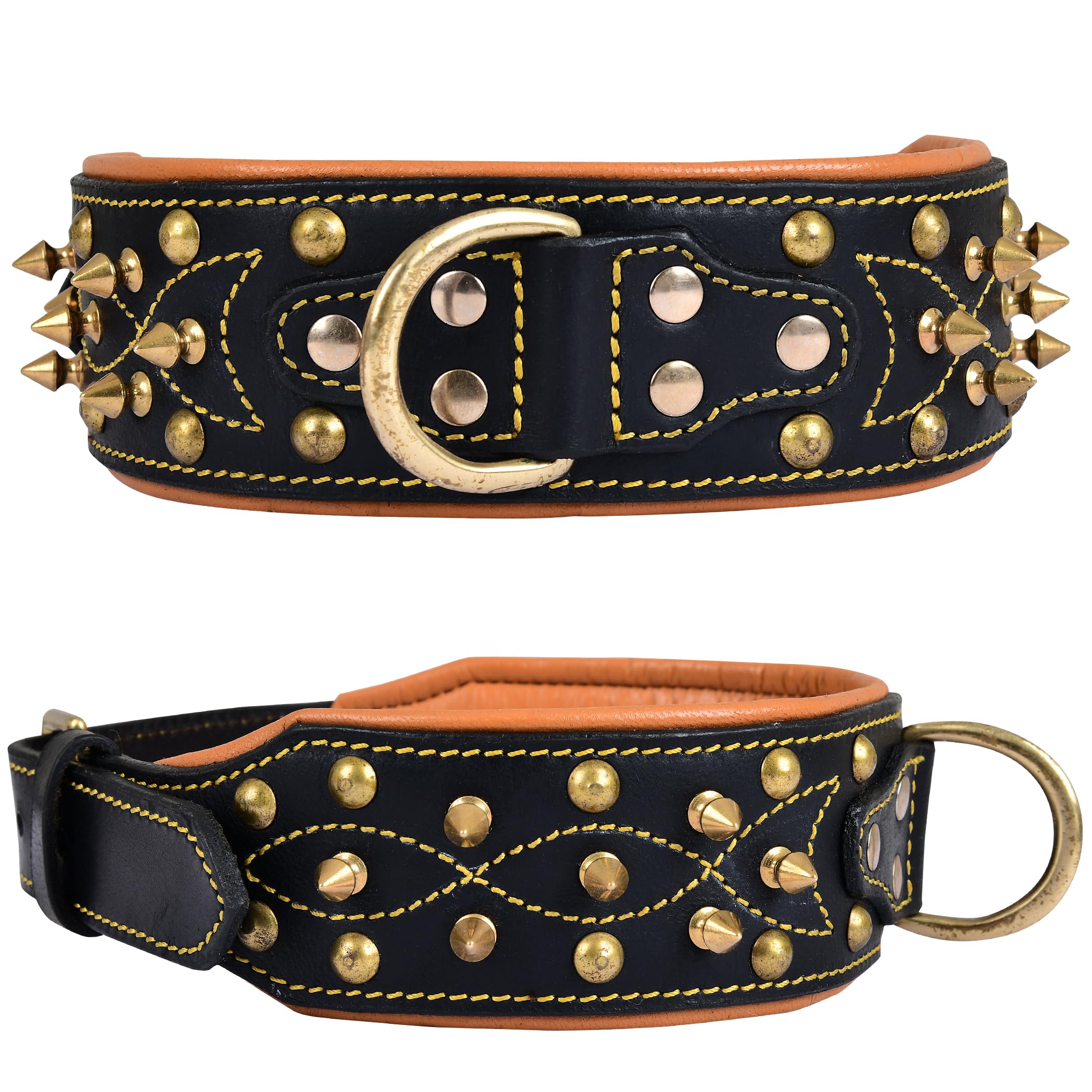 Dowgclub | Genuine Leather Spike Dog Collar | Western Style, Full Grain, Heavy Duty | Padded, Comfortable, Strong, Best For Medi