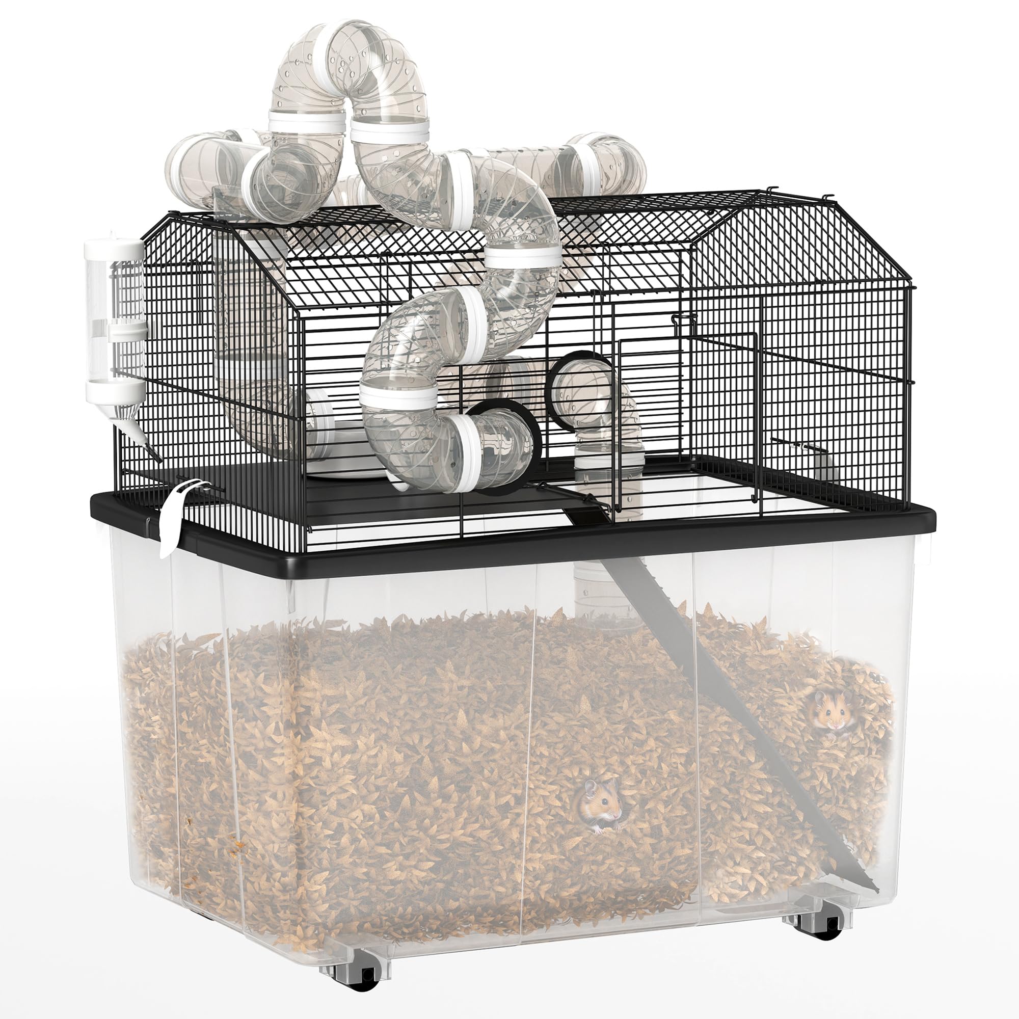 PawHut Large Hamster Cage with 12 Deep Tray, 2 Tier Gerbil Cage with Tube System, Water Bottle, Ramp, Feeding Bowl, 23 x 17 x 22