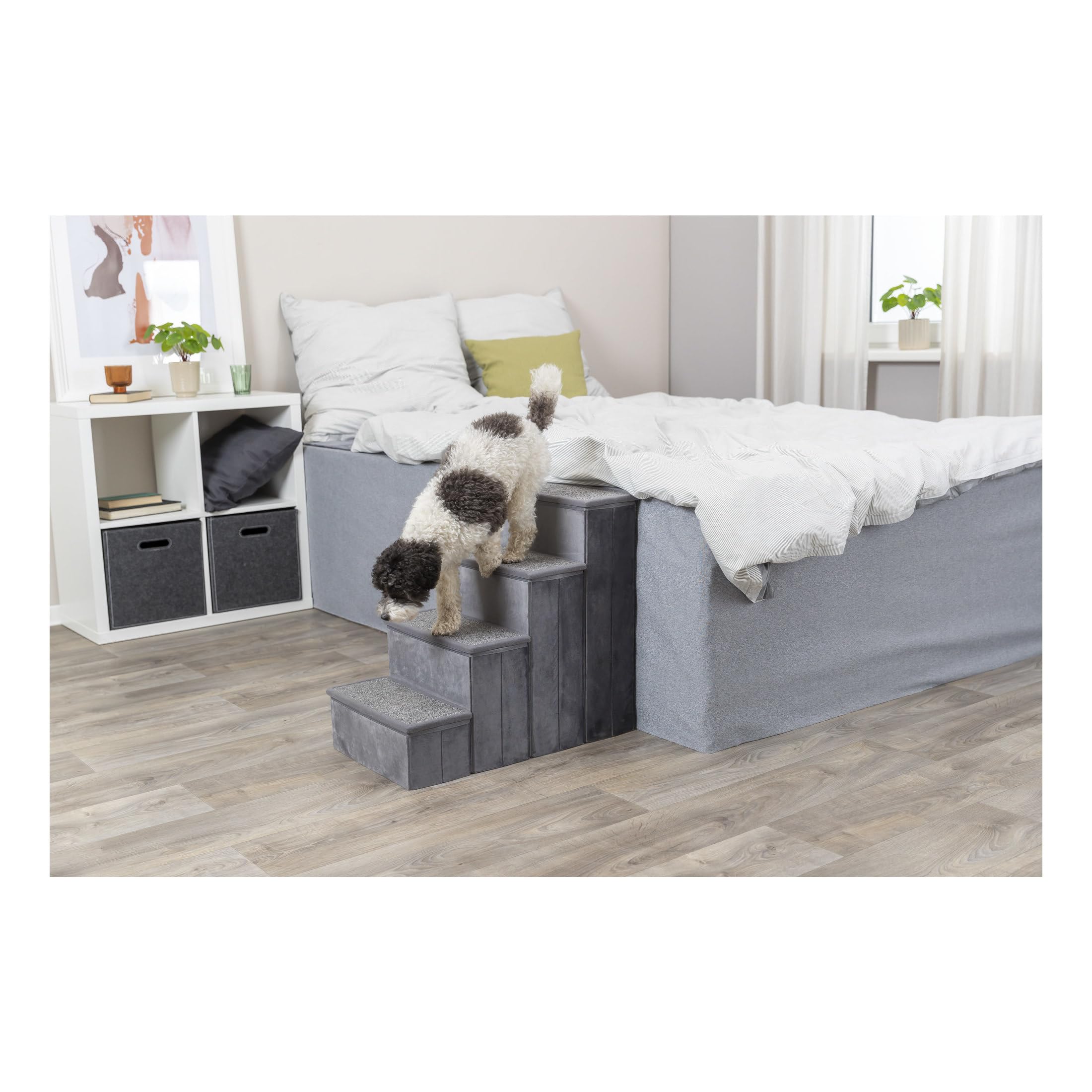 TRIXIE Velour Dog Stairs with Tread Steps - 4 Step Pet Stairs for Beds and Couches - Foldable with Additional Storage Space - in
