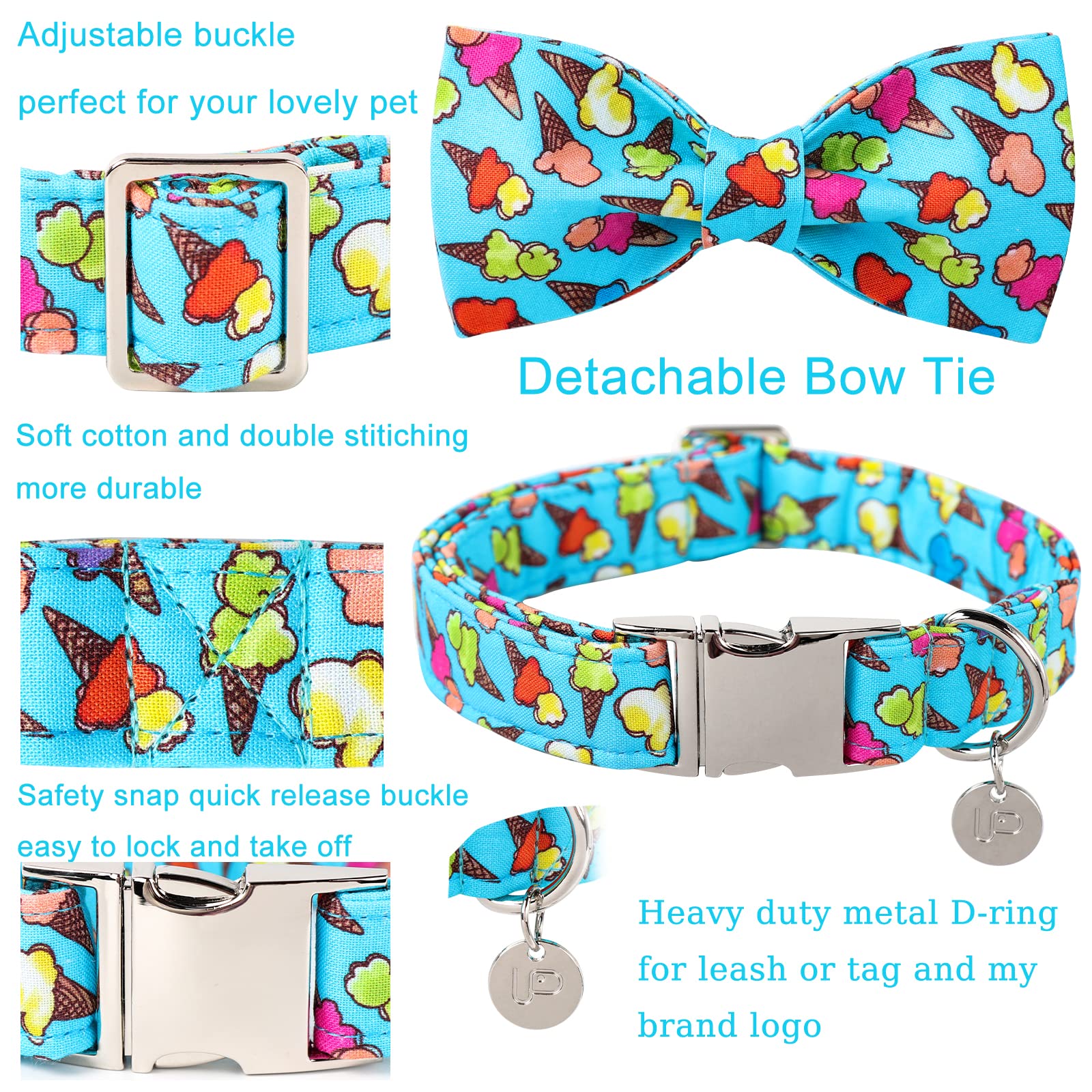 Up Urara Pup Summer Dog Collar With Bow Tie, Cotton Cute Bowtie Dog Collar, Summer Bowtie Collar For X-Large Boy Girl Dog, Comfo