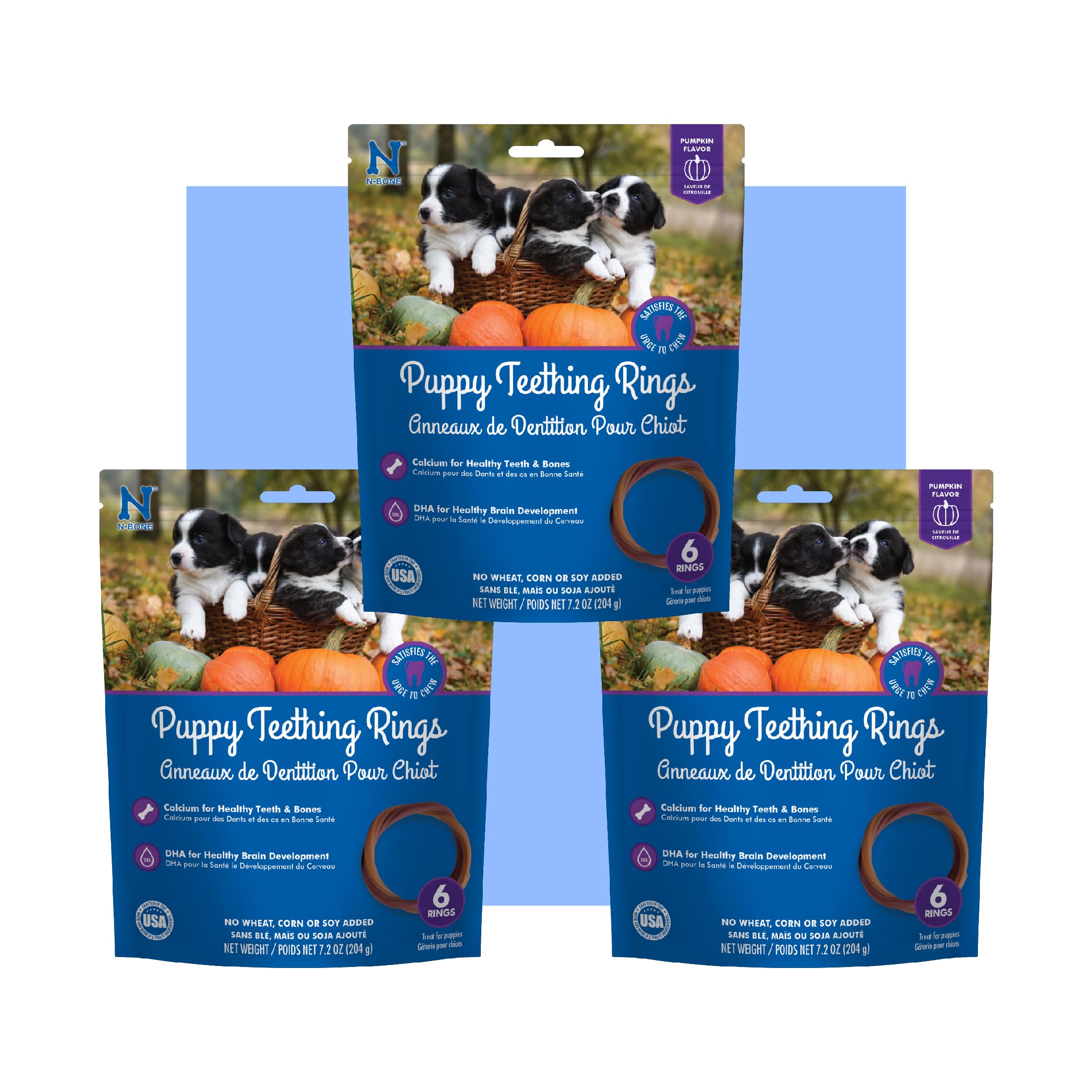 N-Bone Puppy Teething Rings Pumpkin Flavor 6 Count Bag Multi Pack, Total 3 Bags, 21.6-oz (18 Rings)