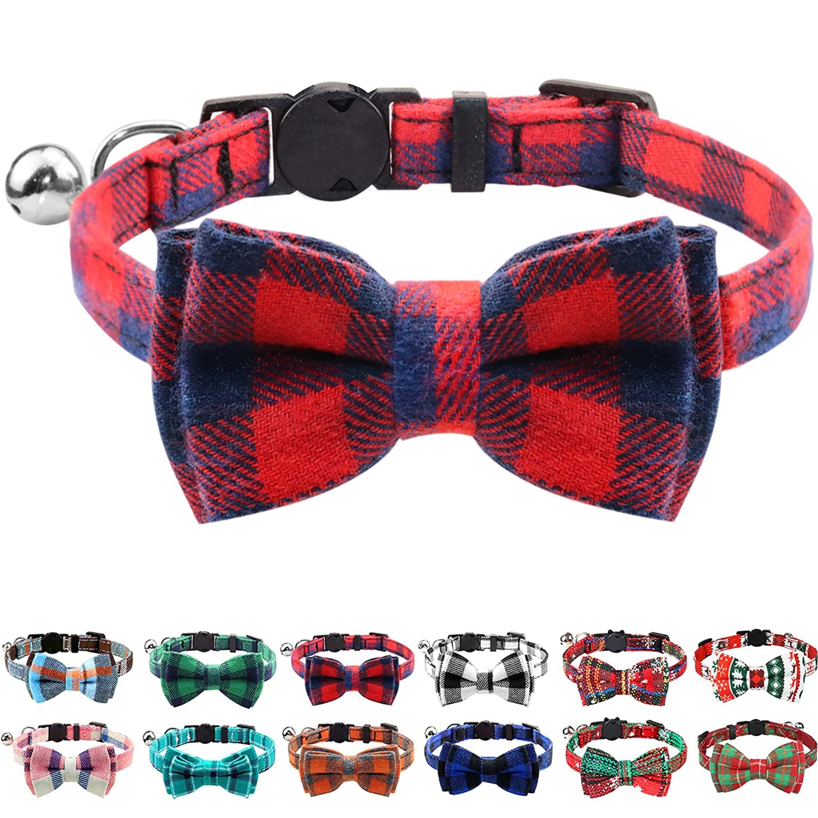 Joytale Upgraded Cat Collar With Bells, Breakaway Cat Collars With Bow Tie, 1 Pack Girl Boy Safety Plaid Kitten Collars, Red