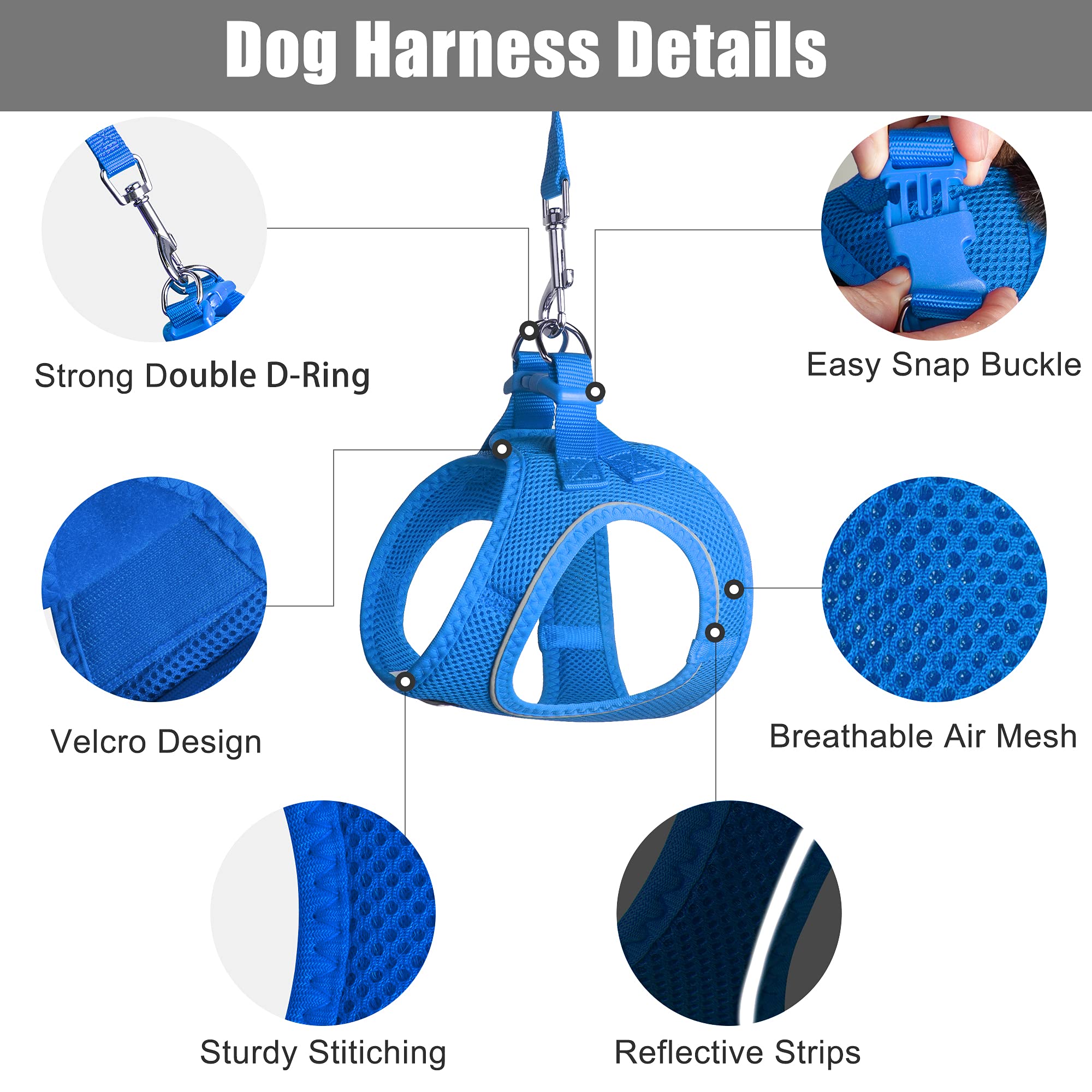 PetiFine Step-in Small Dog Harness & Leash Set, Breathable Mesh, XS, Light Blue, Escape Proof, Reflective