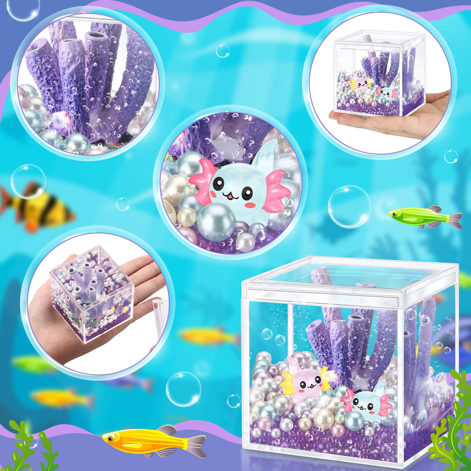 HyDren Axolotl DIY Tank Gift Set - Mini Figures & Beads, Stylish Coral, Purple, Acrylic & Resin, Model MF3716