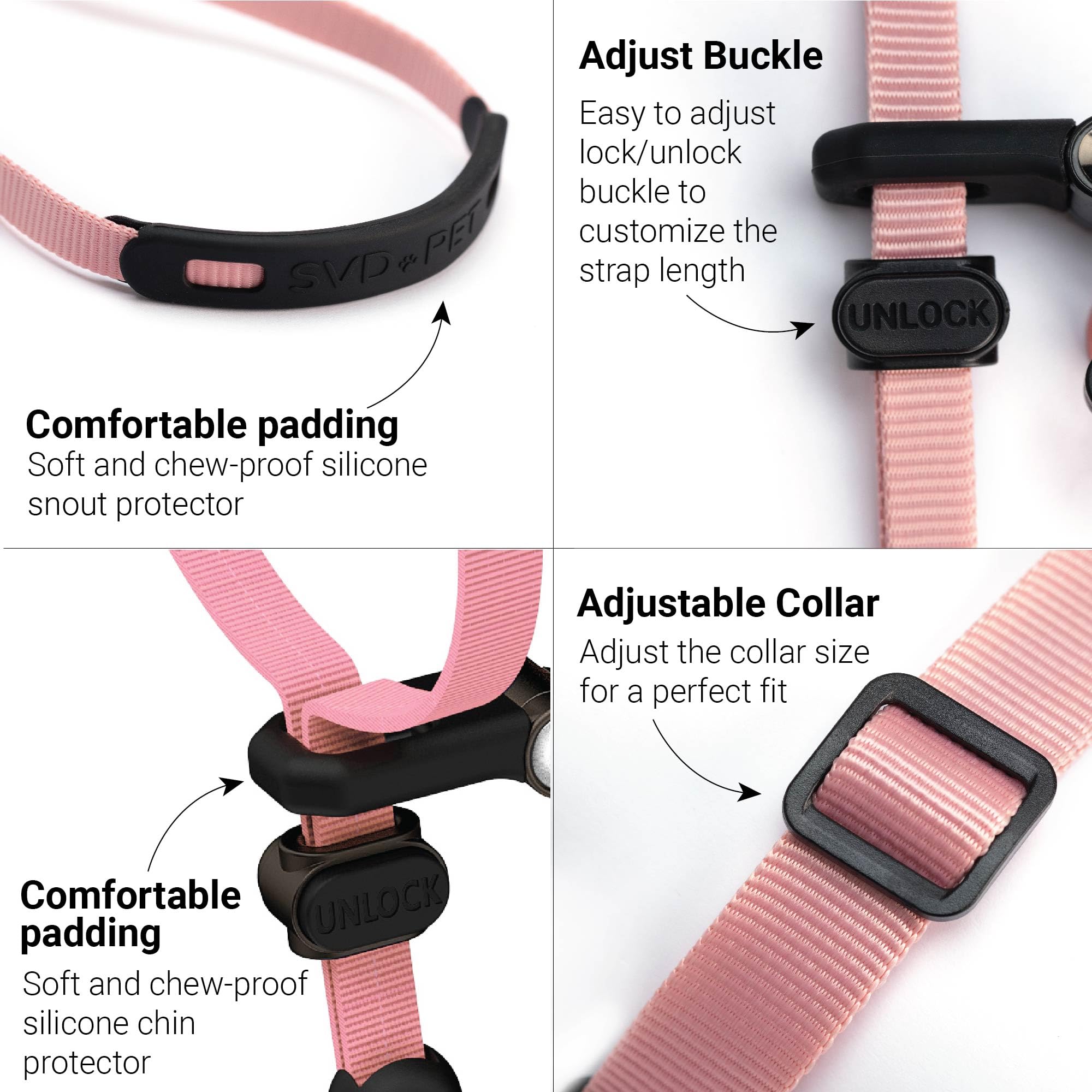 SVD.PET No-Pull Dog Headcollar, Chew-Proof, Medium Size (12-20 in), Pink, Easy to Wear and Adjust, Model: HeadCollar_M_Pink