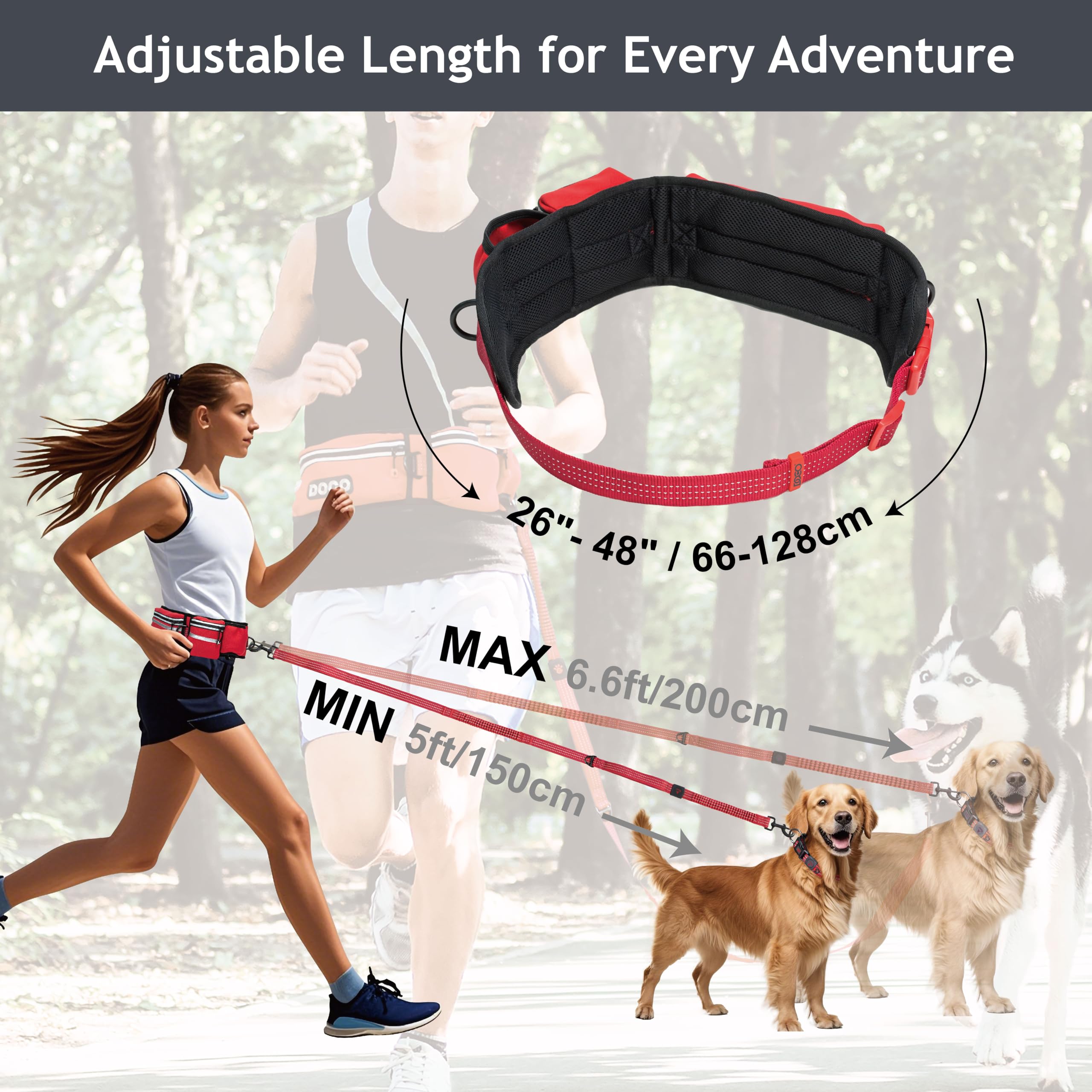 DOCO Heavy Duty Dog Leash - Adjustable Waist Belt, Bungee Design, Reflective, Medium-Large, Turquoise