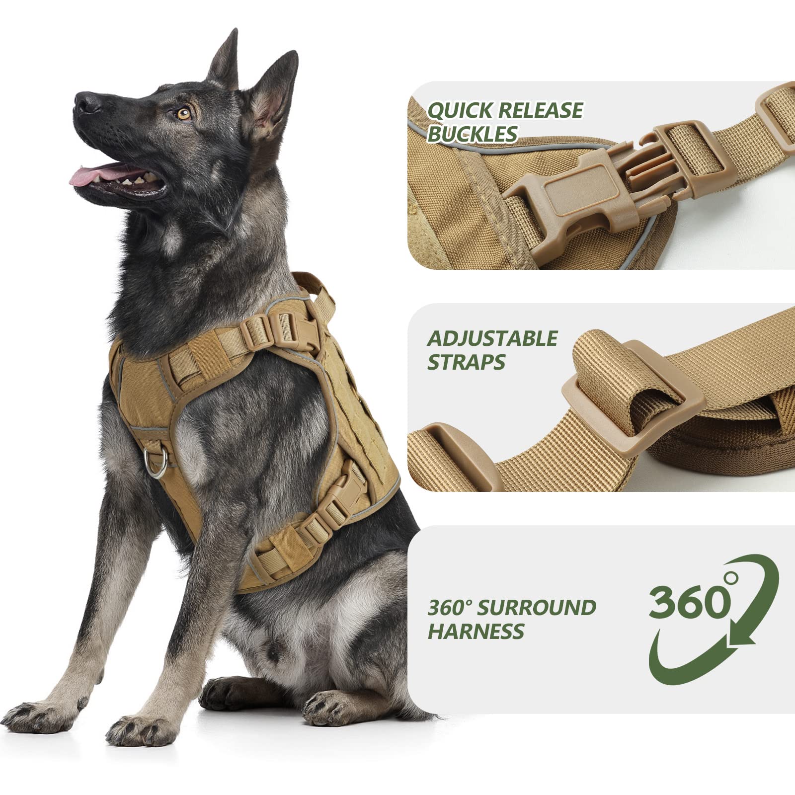 Tactical Dog Harness Vest For Large Dogs No Pull Adjustable Reflective Military Pet Harness With Easy Control Handle With Hook &