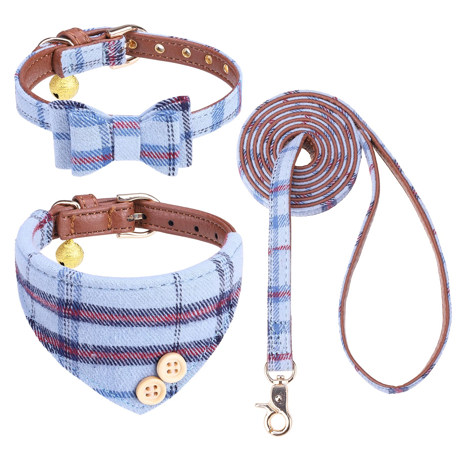 Bow Tie Dog Collar And Leash Set For Small Dogs - Puppy Leash Collars Classic Beige Plaid - Adjustable Size With Golden Bell - P