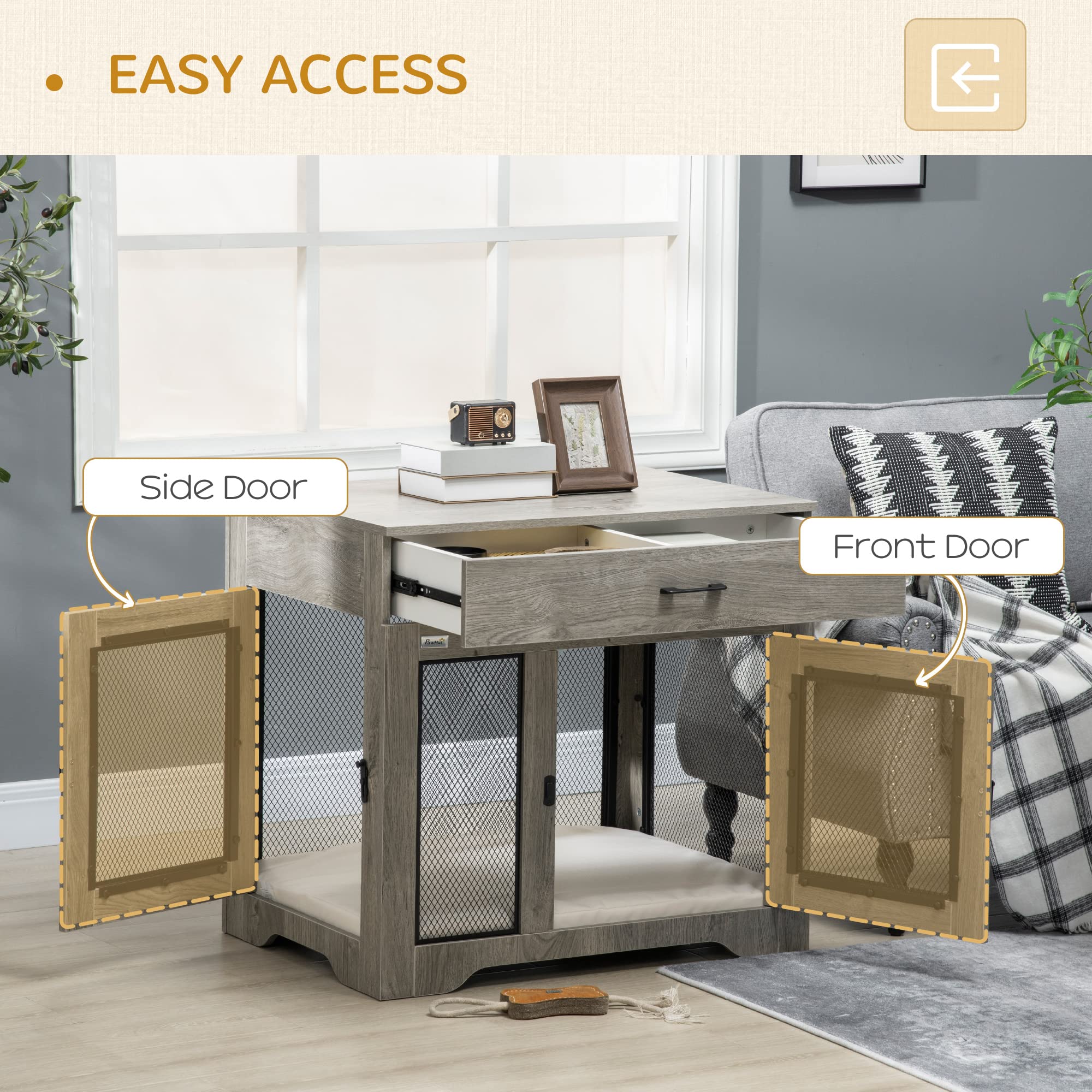 Pawhut Dog Crate Furniture With Soft Water-Resistant Cushion, Dog Crate End Table With Drawer, Puppy Crate For Small Dogs Indoor With 2 Doors, Grey