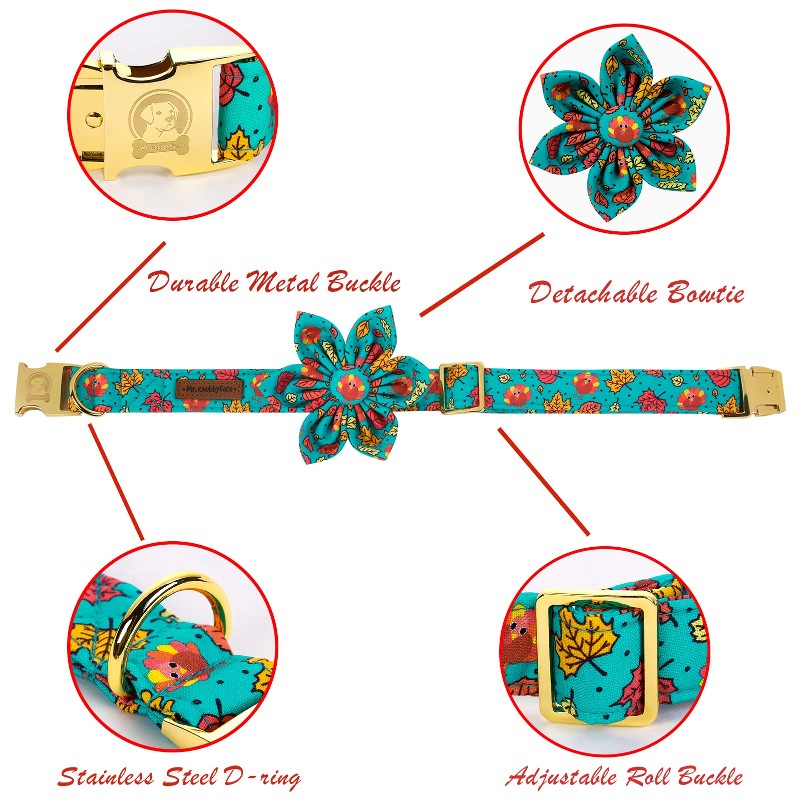 Mr. Chubbyface Thanksgiving Dog Collar - Fall Maple And Turkey Flower Adjustable Collar For Small, Medium, Large Dogs
