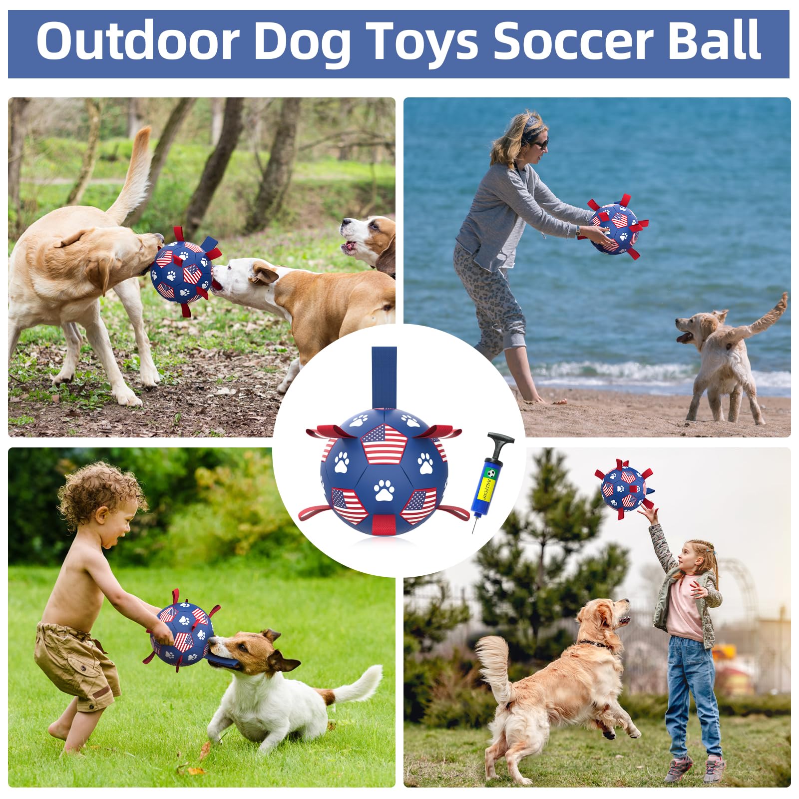 QDAN Dog Soccer Ball - Durable 6 Inch Water Toy for Small Medium Dogs, American Flag Design, Ideal for Tug of War and Beach Fun