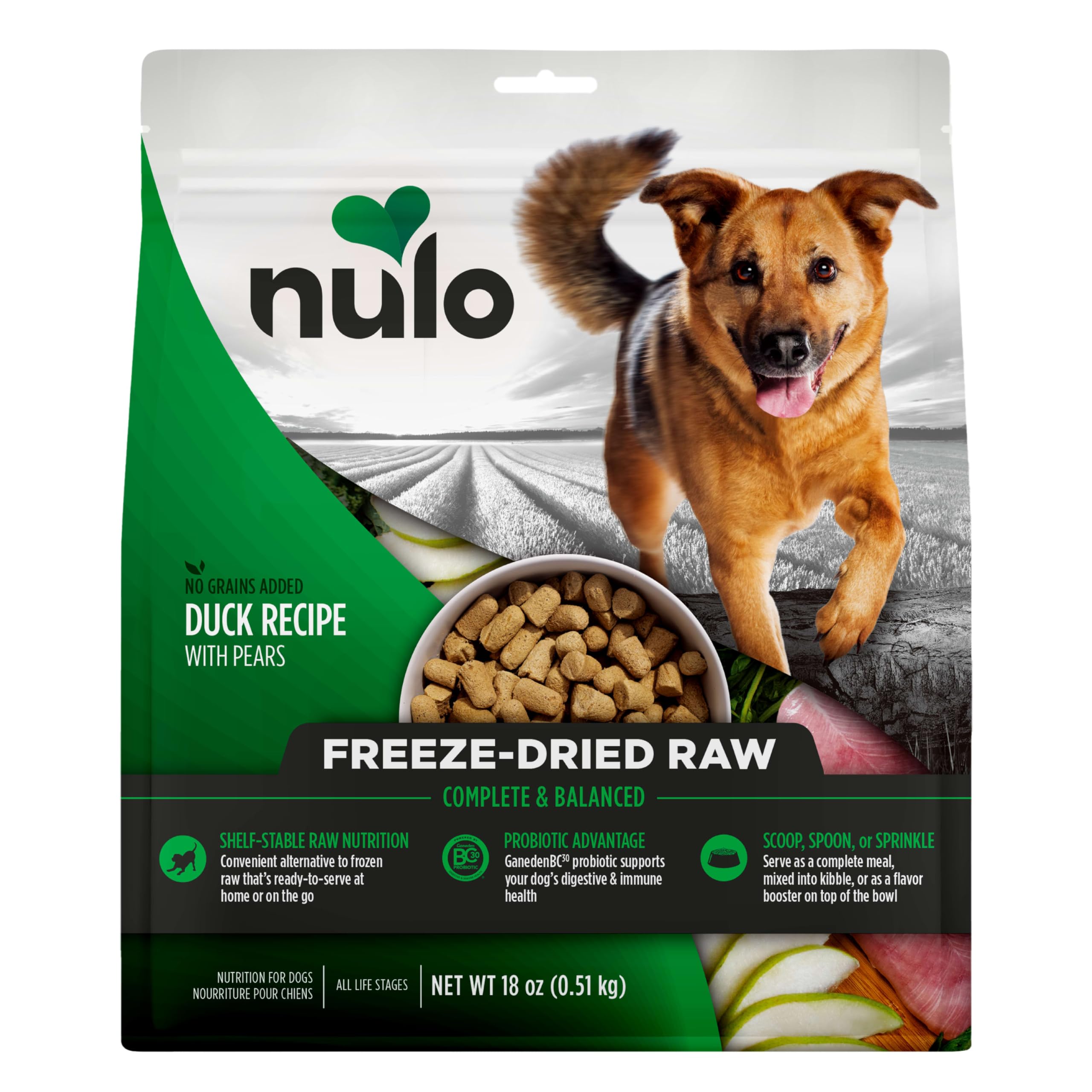 Nulo Freeze-Dried Raw Duck Recipe with Pears Complete and Balanced Dry Dog Food Kibble, 18 Ounce Bag