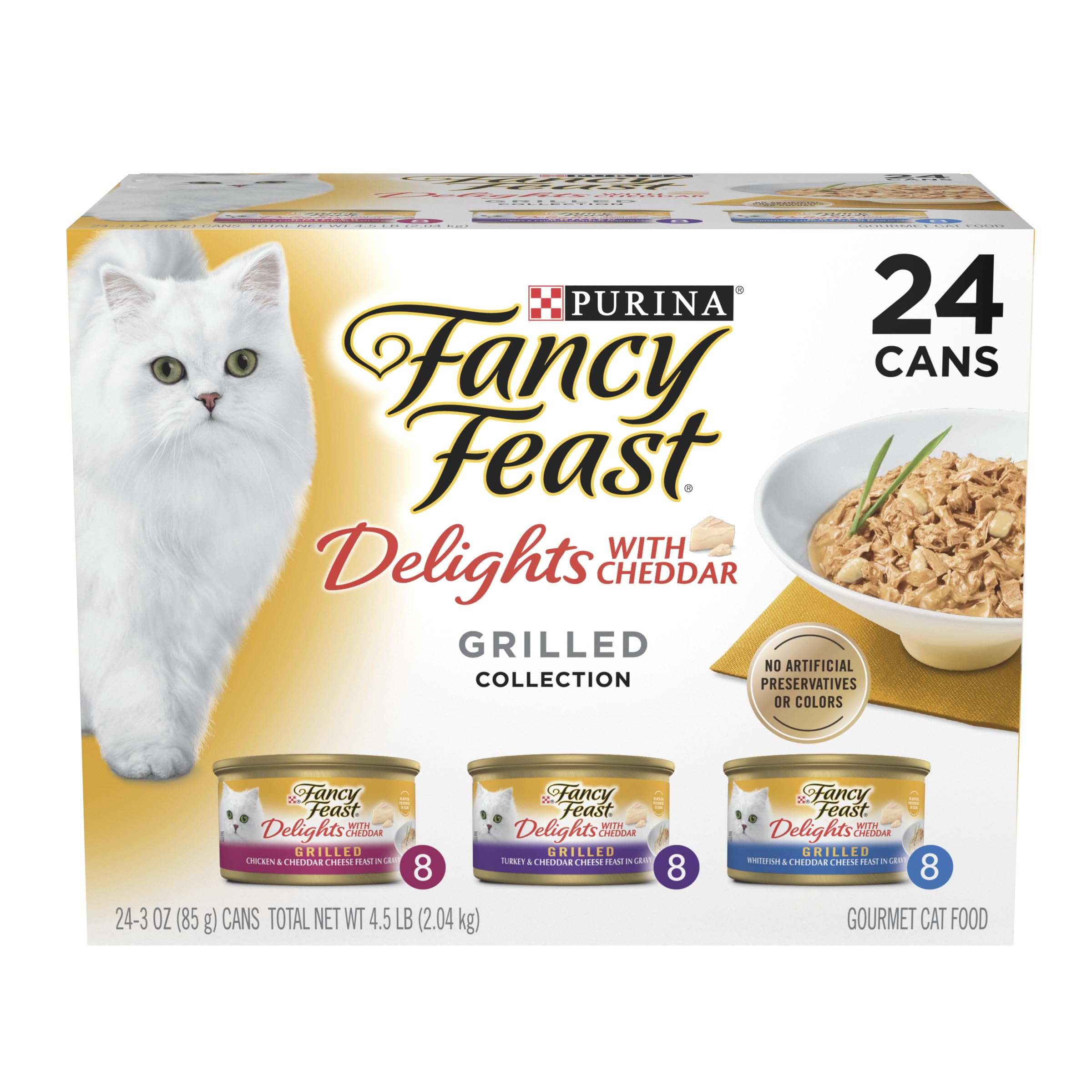 Purina Fancy Feast Delights with Cheddar Grilled Chicken, Turkey or Whitefish and Cheddar Cheese Feast in Gravy Wet Cat Food Var