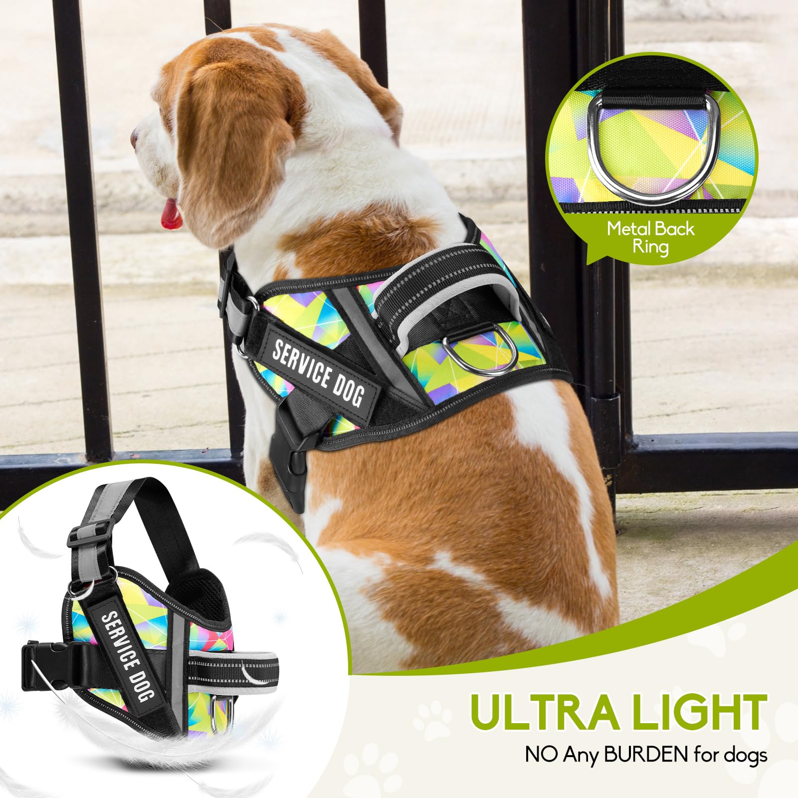 Animire Service Dog Harness and Leash Set, XS, Multi-Colored, with 10 Patches, Reflective, for Small to XL Dogs
