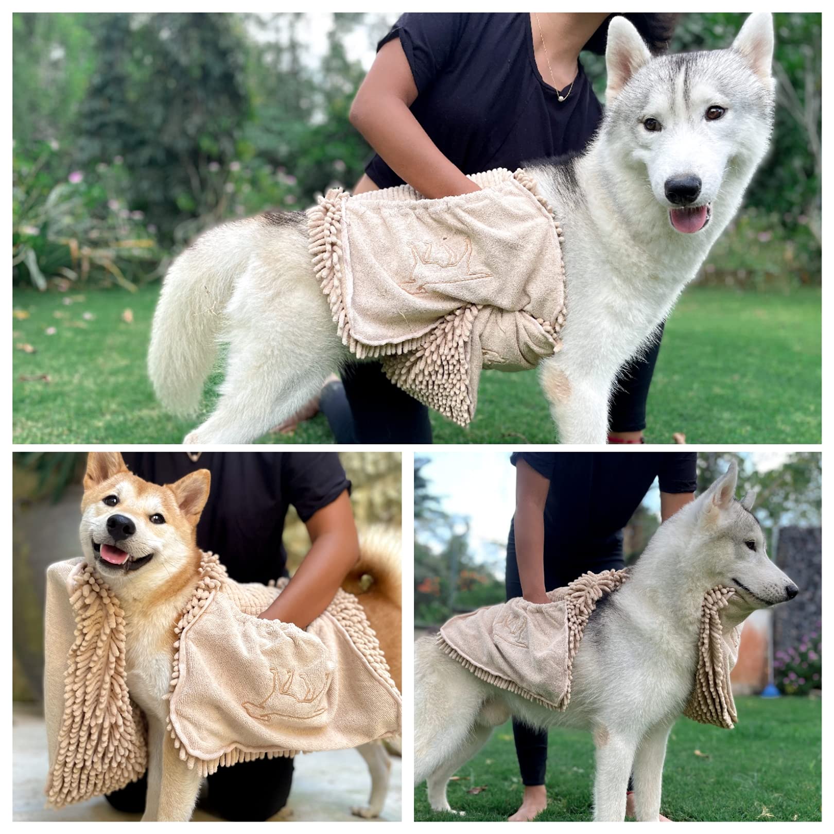 Tuff Pupper Quick Dry Towel For Dogs | Ultra Absorbent Microfiber Shammy | Extra Large 35X15 Size For All Breeds | Comfortable Hand Pockets | Indoor Outdoor Use | Durable Material | Machine Washable