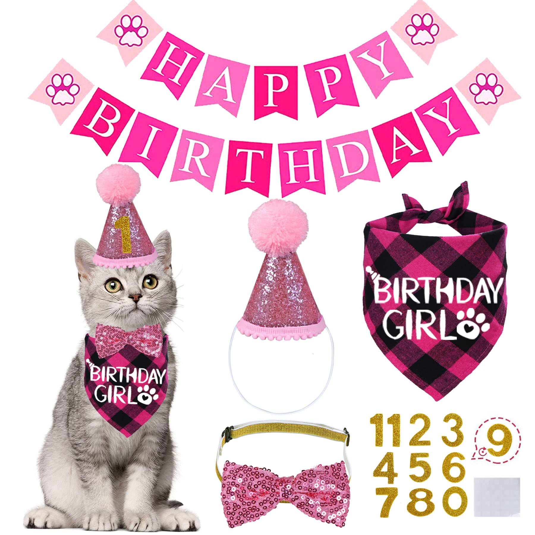 Stmk Cat Birthday Party Supplies, Cat Birthday Hat With Cat Birthday Bandana Bow Tie Collar Birthday Number Banner Cat Birthday Decorations For Cat Kitten Birthday Outfits (Pink)