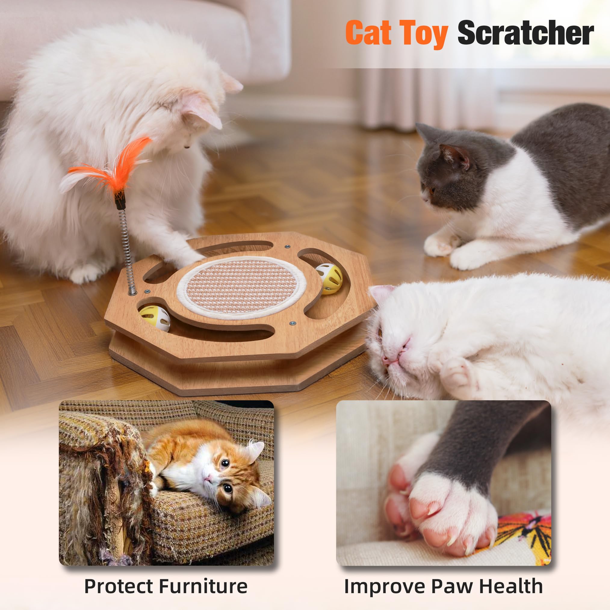 Fantasreen Interactive Toy Cat Scratcher, Sisal Scratching Pad, Kitten Toy Wood with Bell Ball Track, Feather Teaser for Mental