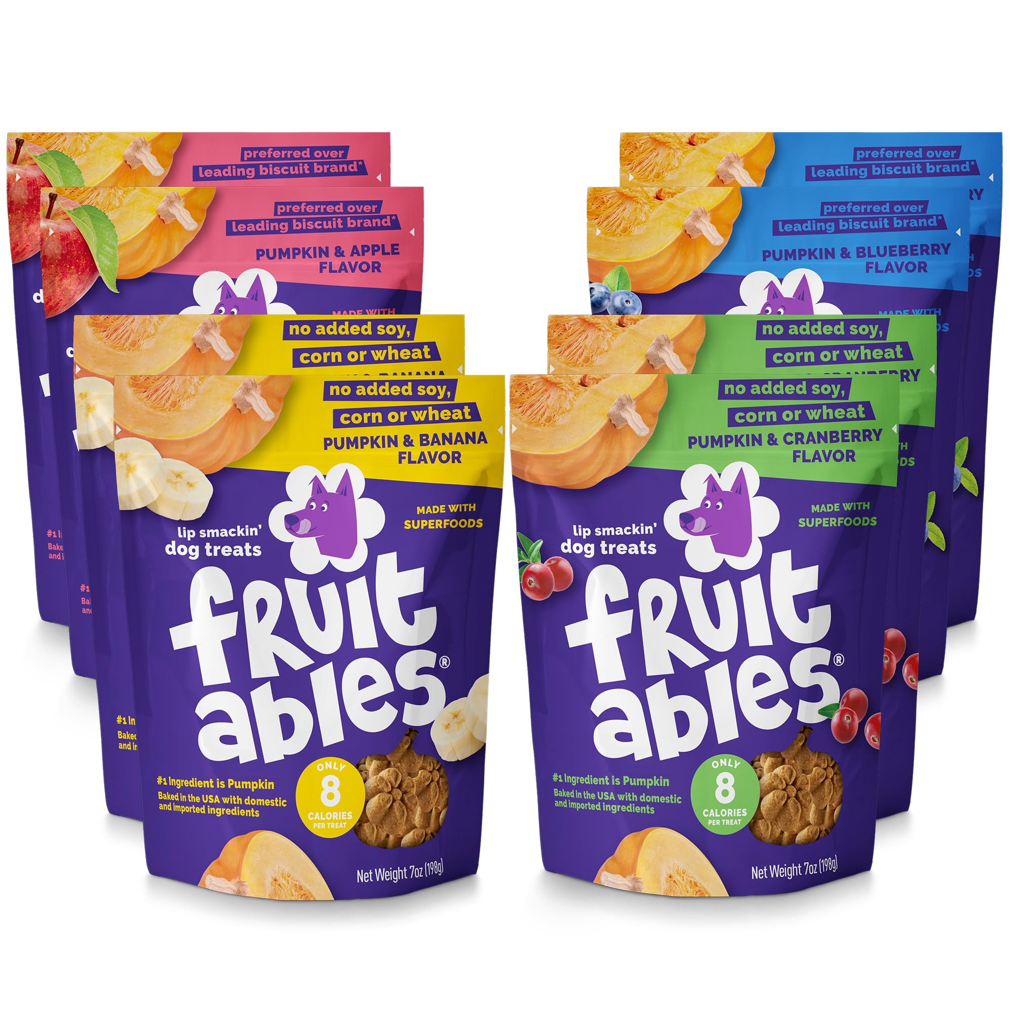 Fruitables Baked Dog Treats Variety Pack of 8 (Pumpkin & Apple, Banana, Blueberry, Cranberry - 7 oz (8 Pack)